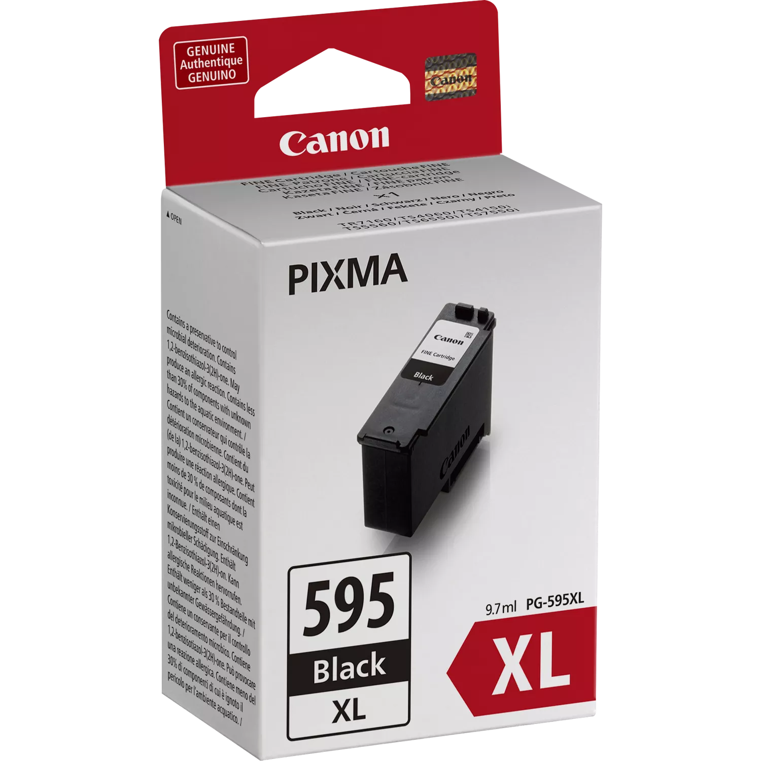 Egy Canon Pixma 595 XL fekete tintapatron doboza. A doboz fehér és piros, a patron látható.