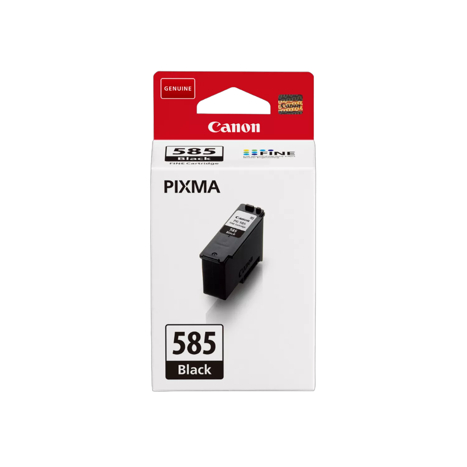 Egy Canon Pixma 585 fekete tintapatron doboza, látható patronnal. A doboz fehér, piros és fekete.