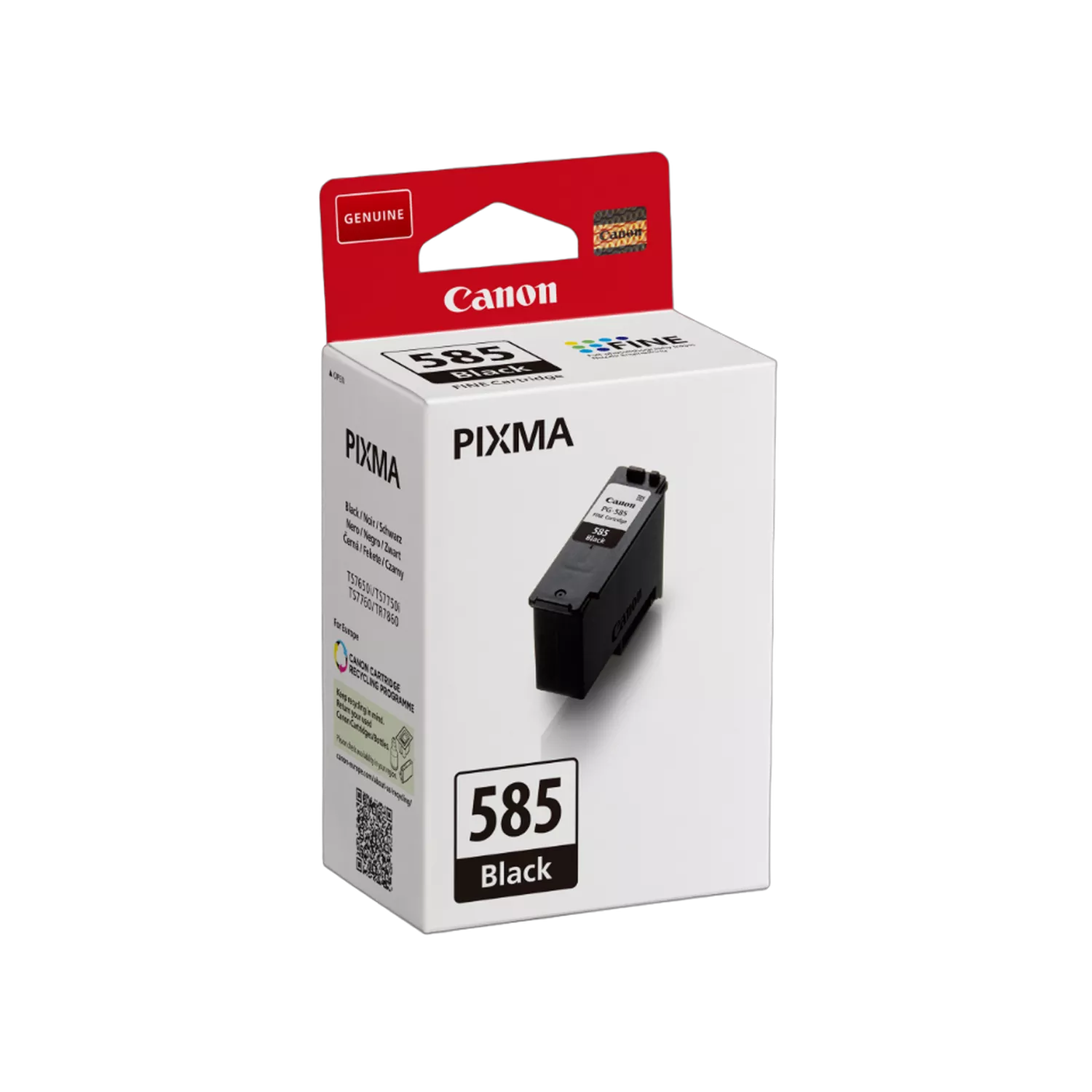 Egy Canon Pixma 585 Black tintapatron doboza. A doboz fehér, piros díszítéssel, és egy fekete tintapatron látható.