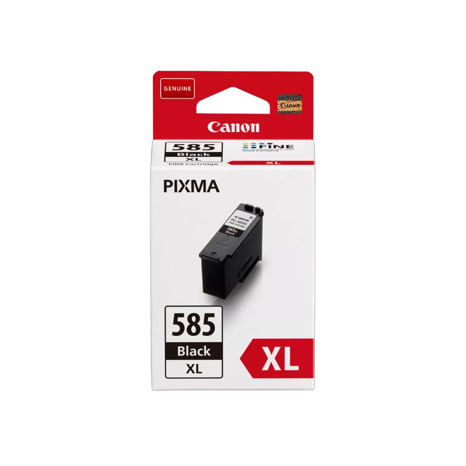 Egy Canon nyomtatótintapatron csomagja. A csomag fehér, piros és fekete, rajta a Canon, 585 Black XL és Pixma feliratokkal.