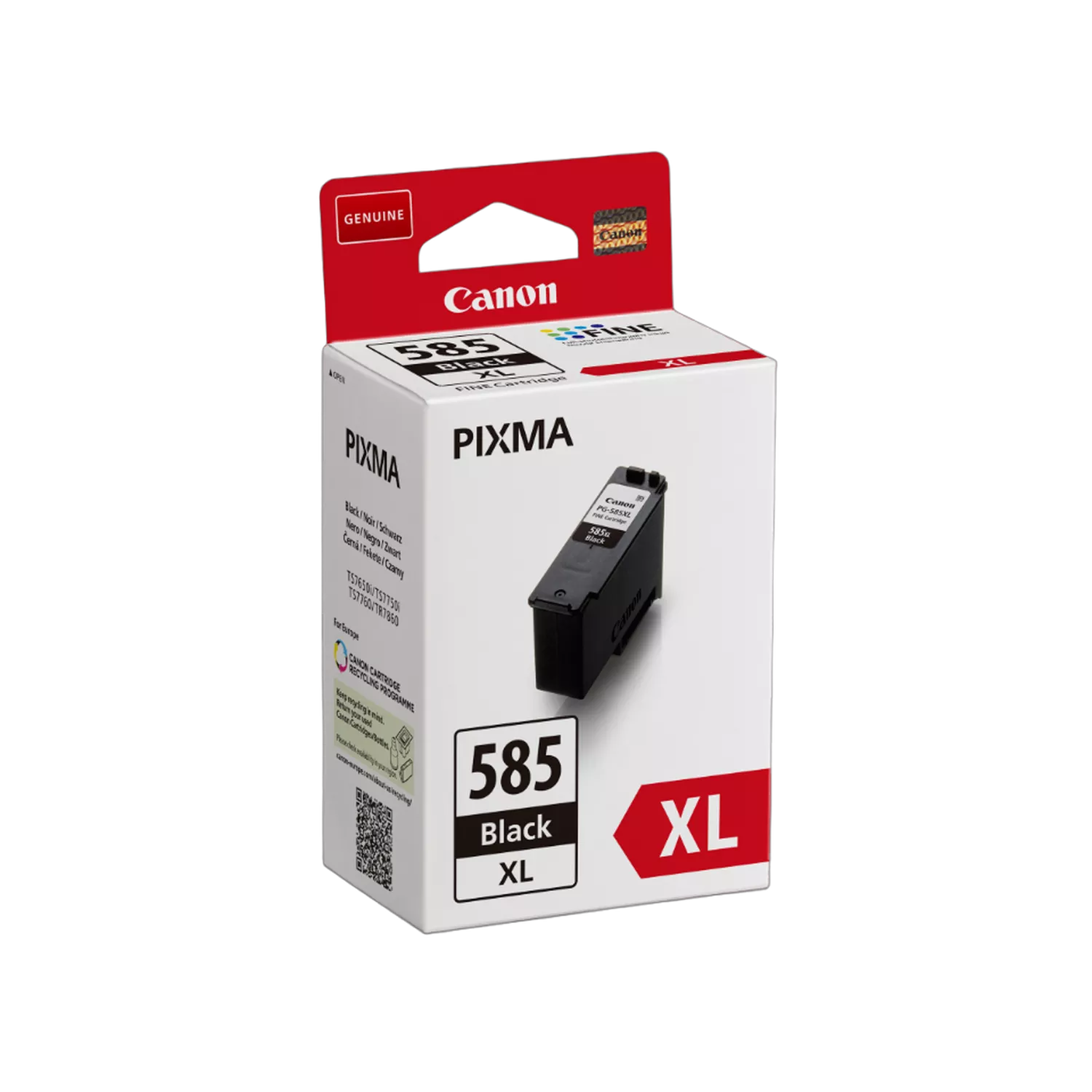 Egy Canon Pixma 585 Black XL tintapatron doboza. A doboz fehér és piros. Maga a patron fekete.