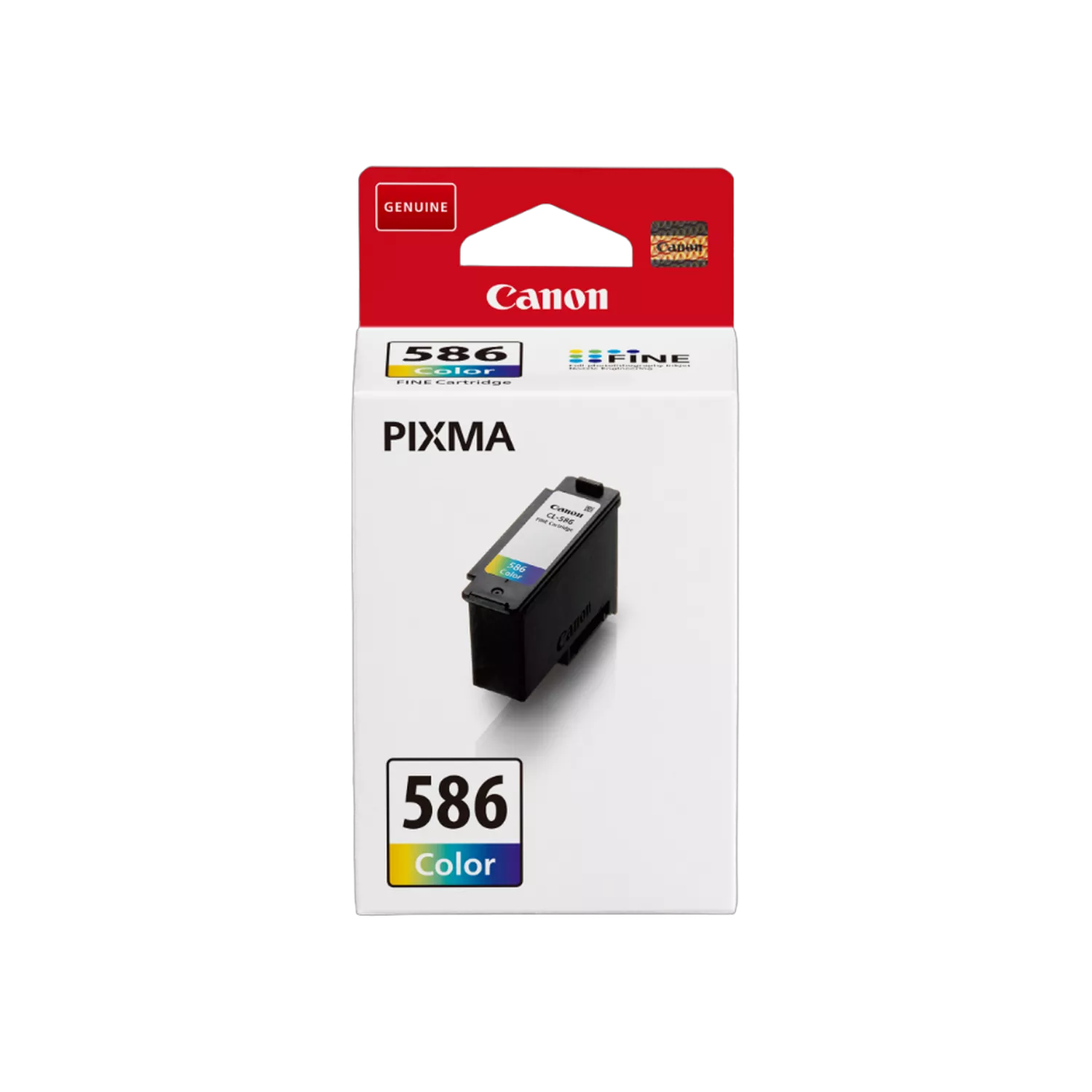 Egy Canon Pixma 586 színes tintapatron. A csomagolás fehér, piros és fekete díszítéssel. Maga a patron fekete.