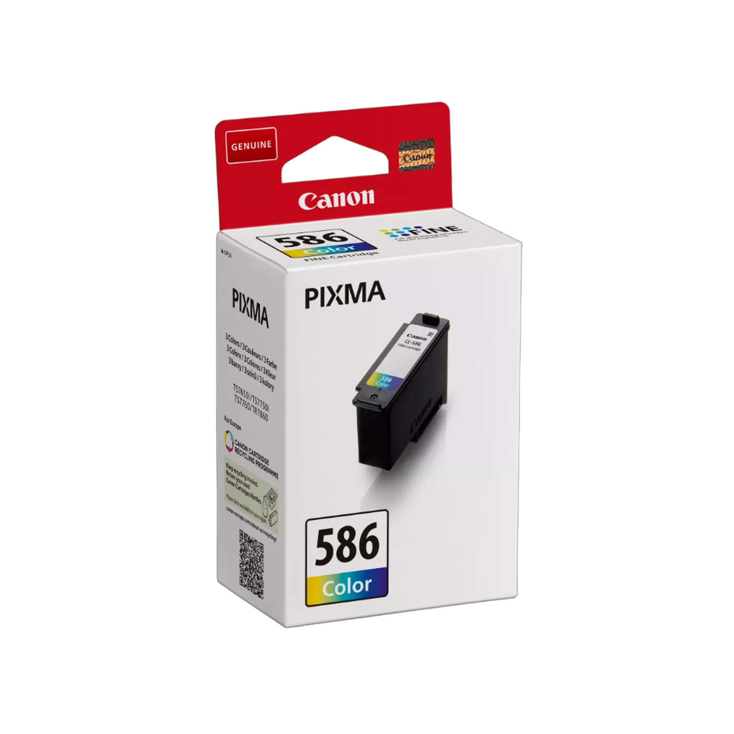 Egy Canon Pixma 586 színes tintapatron doboza. A doboz fehér, piros és fekete díszítéssel, benne a fekete tintapatronnal.