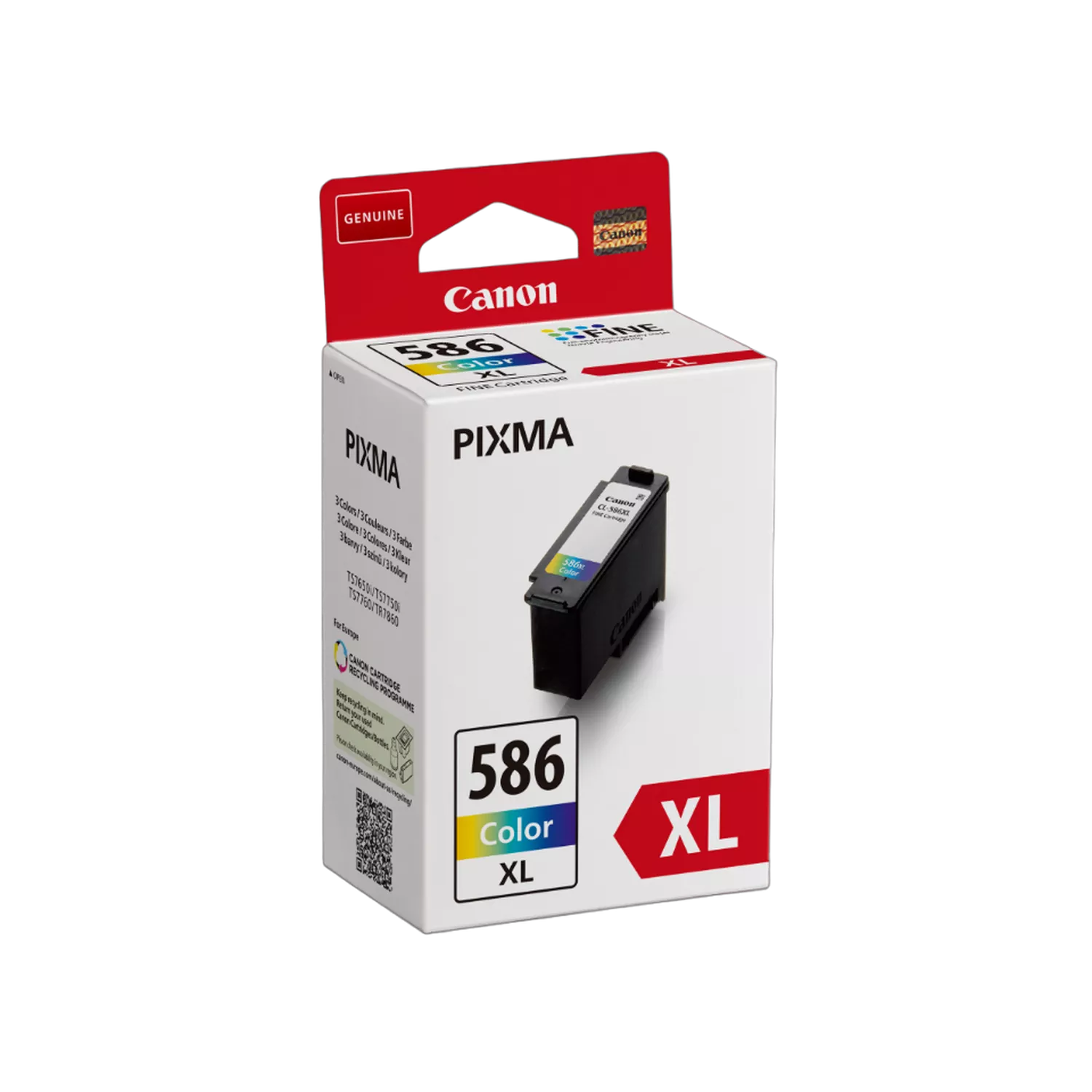 Egy Canon Pixma 586 Color XL tintapatron doboza. A doboz fehér, piros és fekete elemekkel. A patron látható.