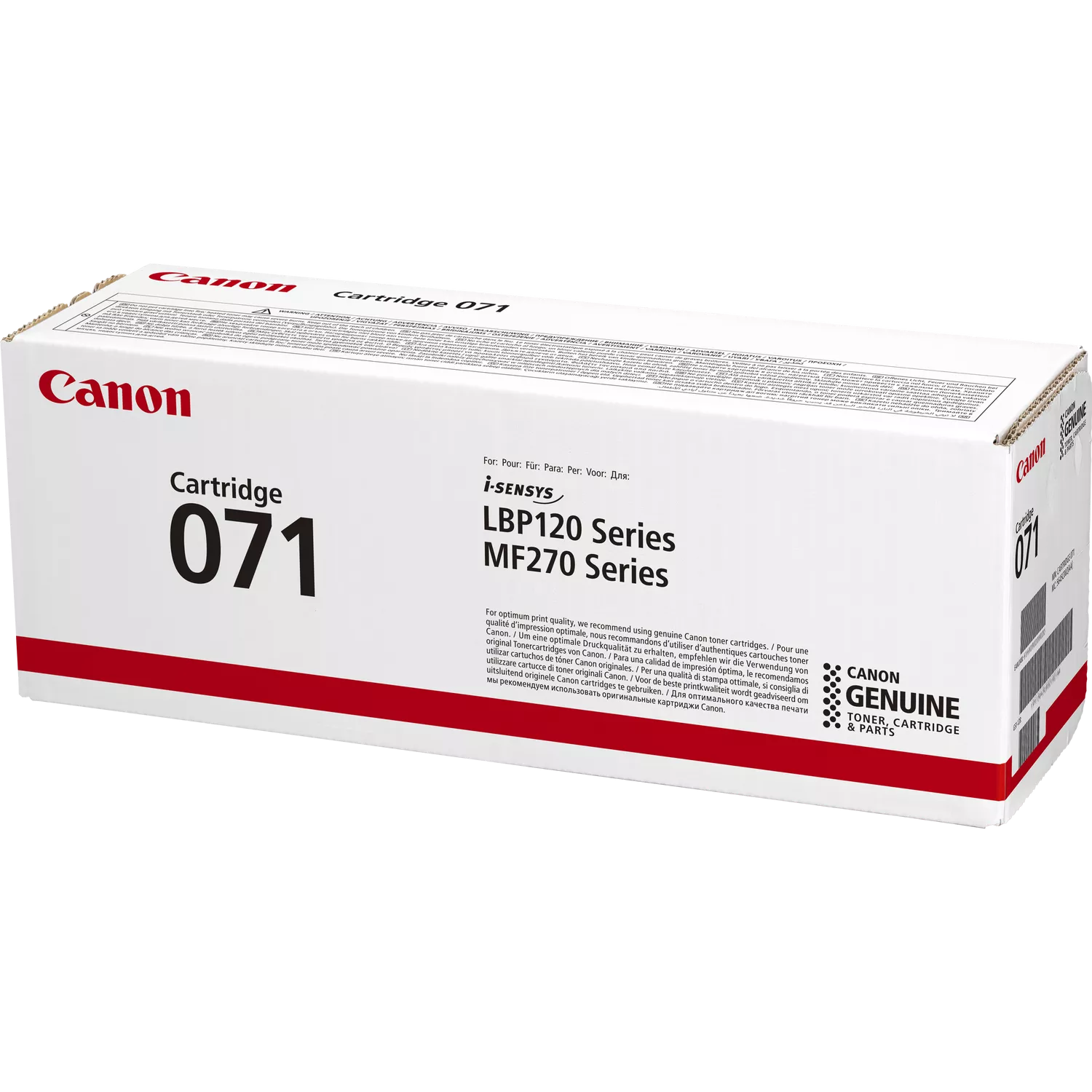 Egy Canon kazetta doboz. A doboz fehér, piros díszítéssel. A szöveg a 'Cartridge 071', 'Canon' és 'Genuine Toner' feliratokat tartalmazza.
