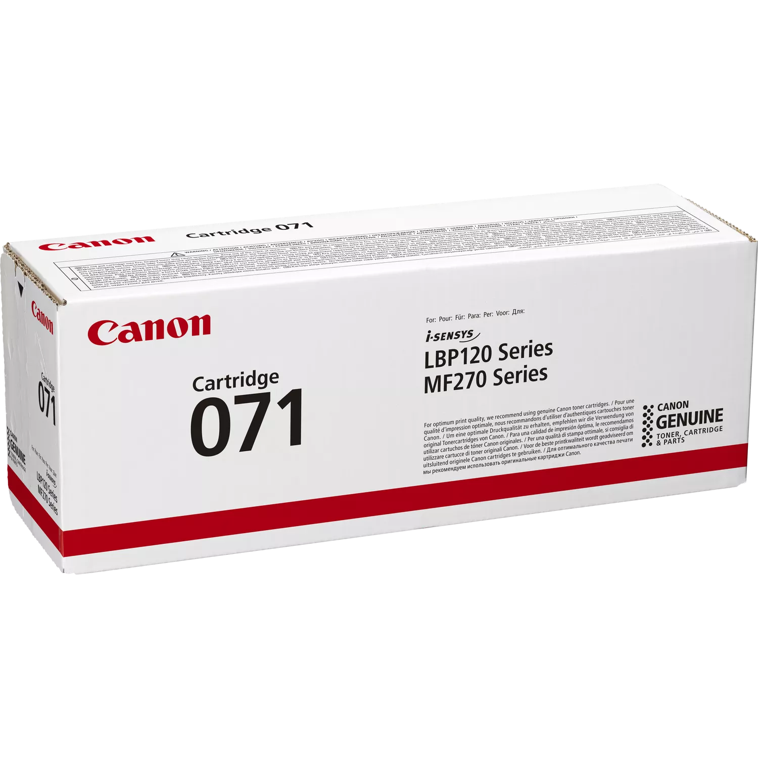 Fehér Canon kazetta doboz piros akcentussal. A szöveg a 'Cartridge 071' és 'Canon Genuine'.