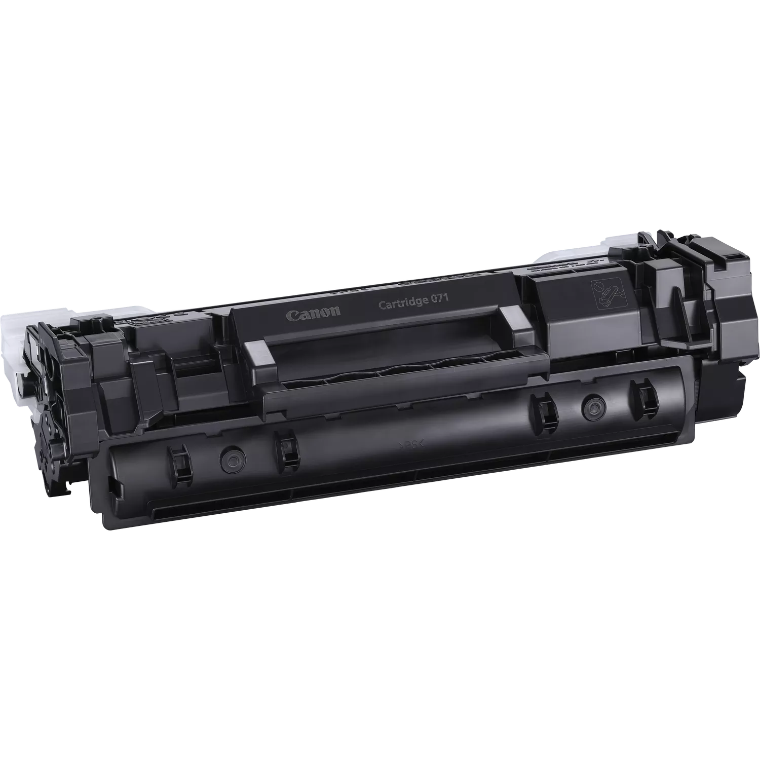 Egy Canon Cartridge 071, fekete, vízszintesen egy fekete háttér előtt. A kazetta Canon márkajelzéssel van részletezve.
