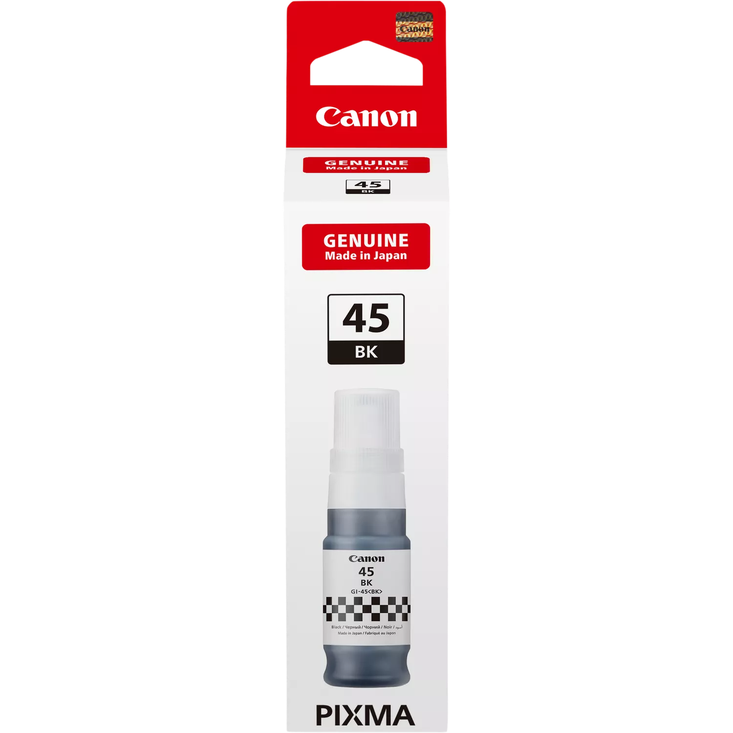 Canon tintapalack, fekete tinta, piros-fehér csomagolással. '45 BK' címke látható. Japánban készült.