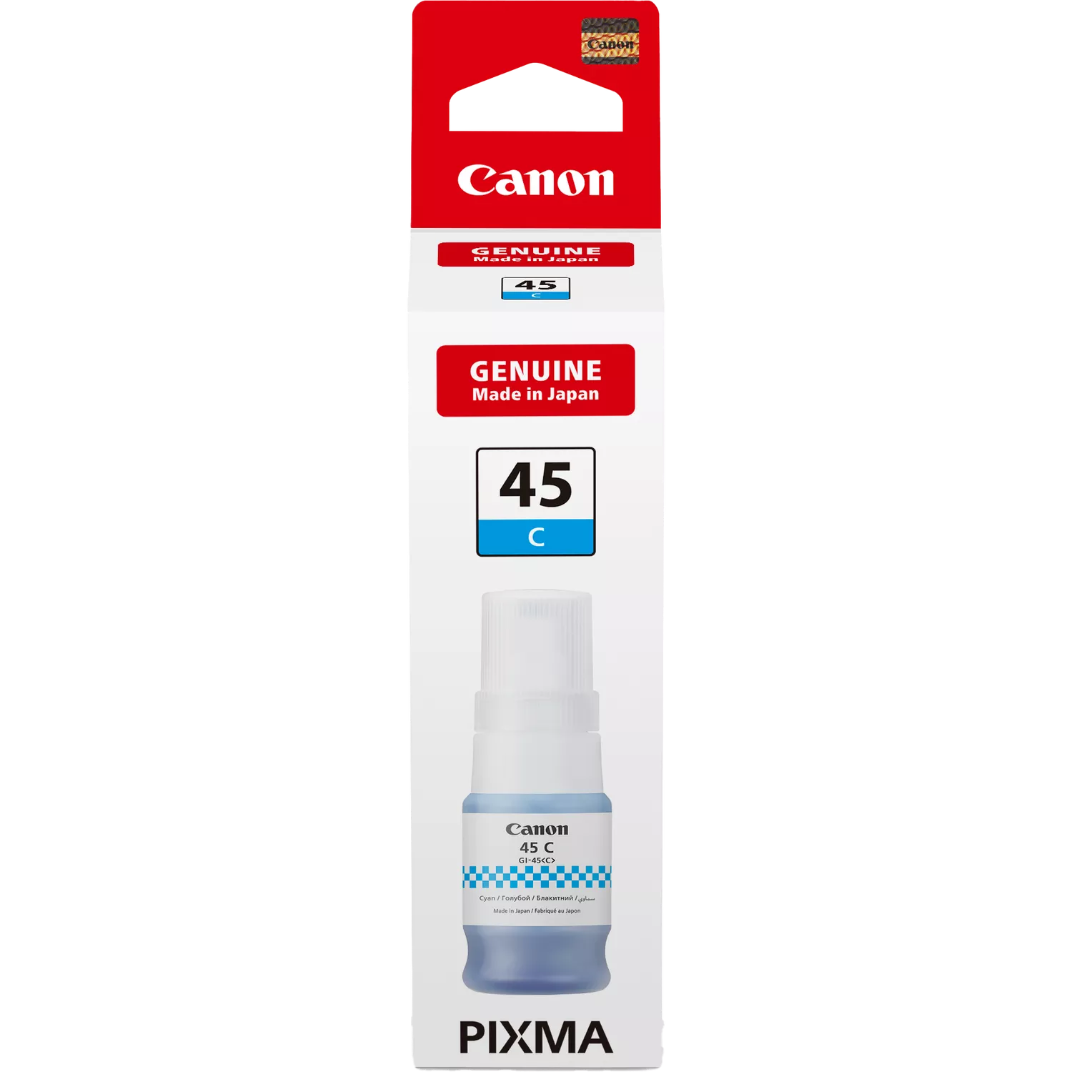 Egy Canon tintásüveg, cián színben. A csomagoláson 'Genuine Made in Japan' felirat, '45 C' számmal. A 'PIXMA' márkanév látható.