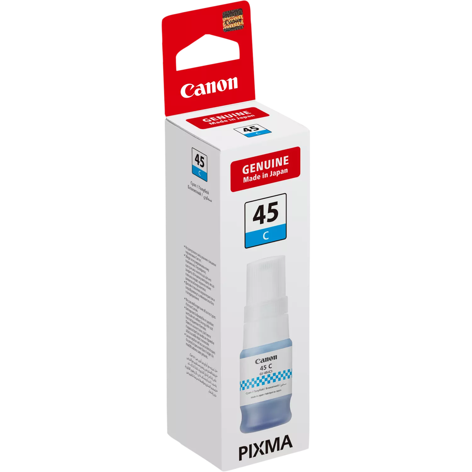 Canon tintapatron doboz. Fehér doboz piros díszítéssel. Kék tintás üveget tartalmaz.