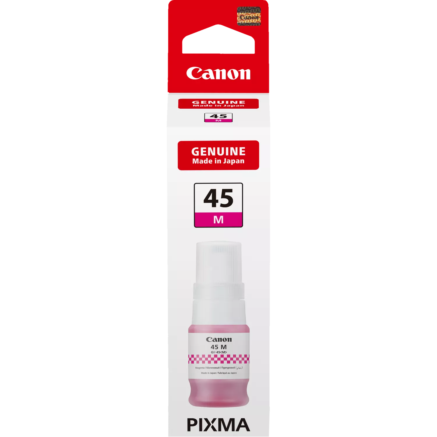 Canon tintapatron, magenta színű, '45 M' felirattal. Csomagolásán 'Genuine Made in Japan' felirat. Alul 'PIXMA'.