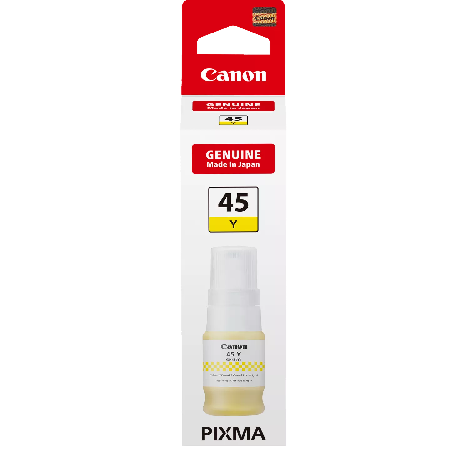 Egy Canon tintapalack, sárga tintával. A csomagoláson a 'Genuine', '45 Y' és 'Made in Japan' felirat látható. Alul a 'PIXMA'.