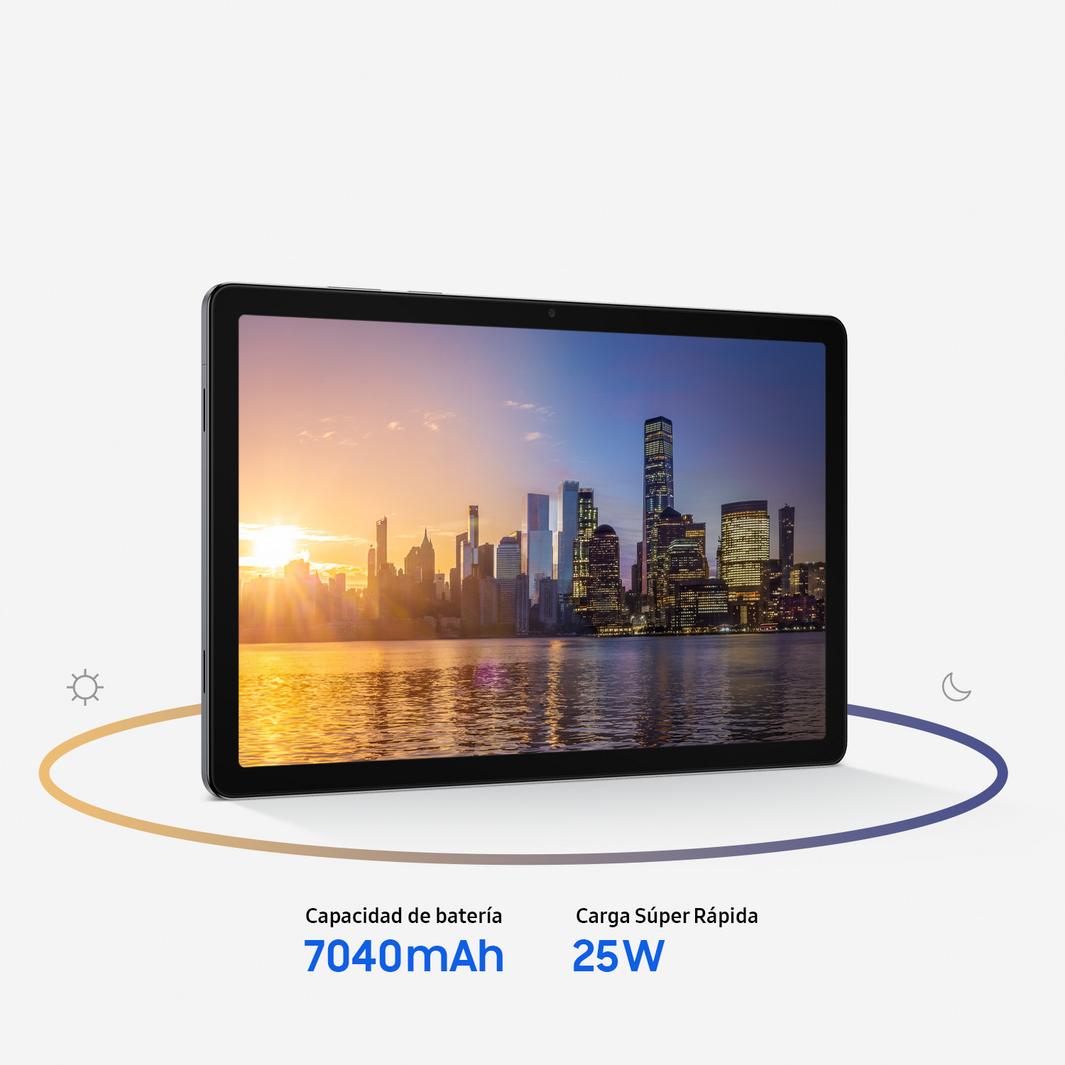 Tableta que muestra el horizonte de una ciudad al atardecer. Incluye batería de 7040 mAh y carga rápida de 25 W. La tableta es negra.