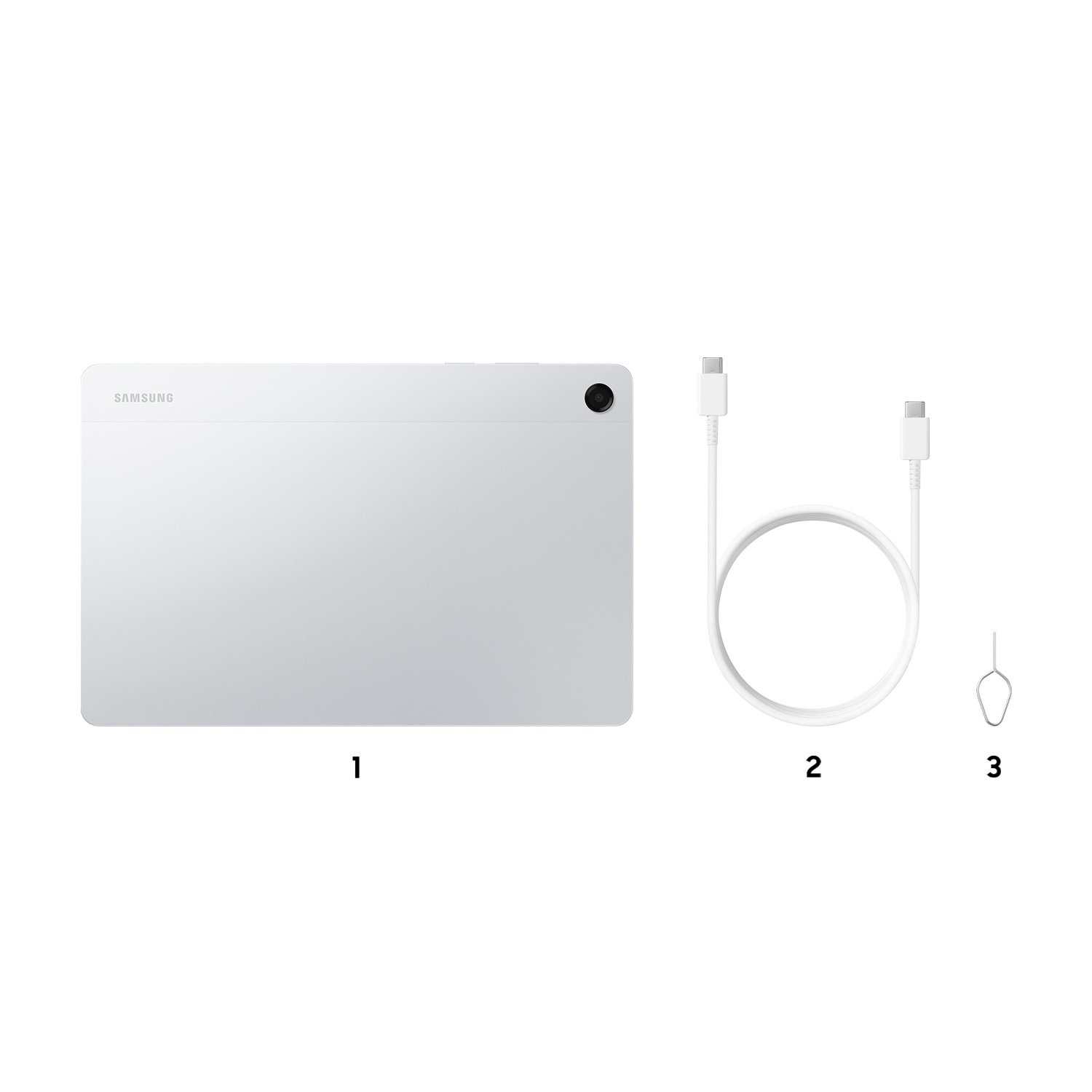 Una tableta Samsung blanca con accesorios: un cable USB-C, una herramienta de expulsión de SIM y un fondo blanco.