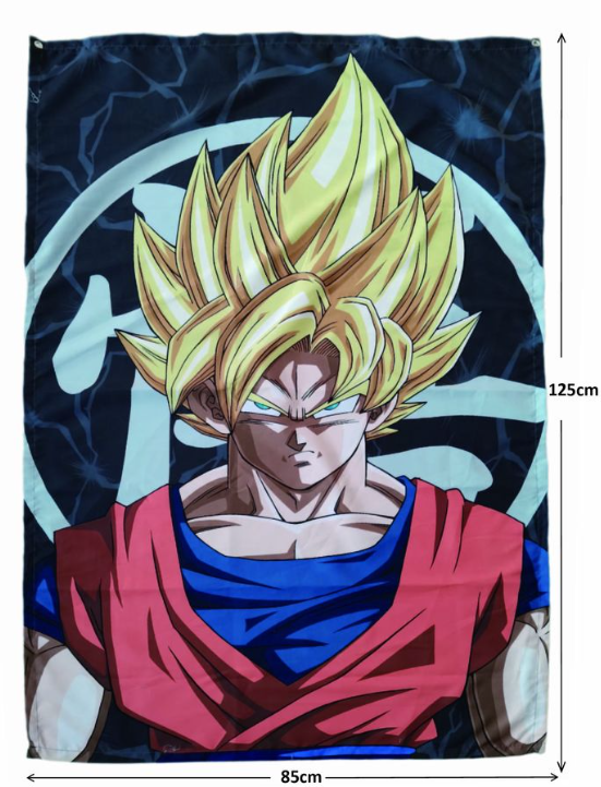 Eine Flagge mit Goku aus Dragon Ball Z. Er hat stacheliges gelbes Haar und trägt ein rotes und blaues Outfit. Der Hintergrund ist dunkel mit weißen Symbolen.