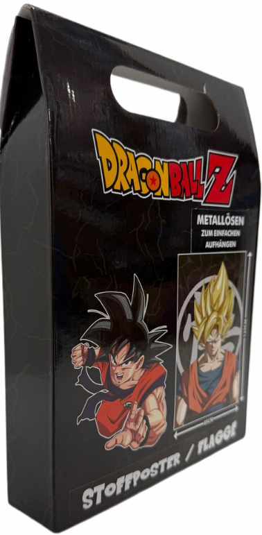 Schwarze Box mit Dragon Ball Z-Kunst. Zeigt Goku und Text: 'Stoffposter/Flagge'.