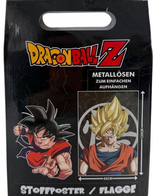 Dragon Ball Z Poster. Zwei Goku-Bilder, eines mit schwarzen Haaren und eines mit blonden Haaren. Es ist auf schwarzem Hintergrund.