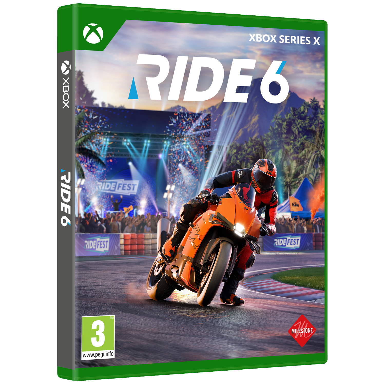 De gamecover toont een motorracer op een oranje motor, racend op een circuit, met een menigte en het game-logo.