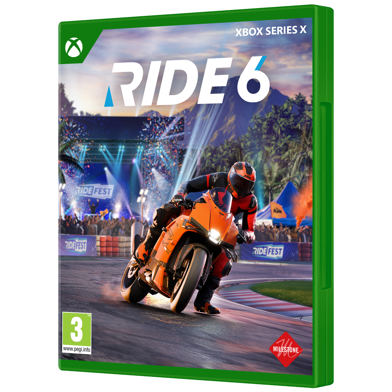Xbox Ride 6 game cover. Een motorracer leunt in een bocht op een oranje motor. De achtergrond toont een festival.