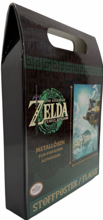 Schachtel für das Zelda-Spiel. Zeigt das Logo des Spiels, eine Figur auf einer Klippe und Text auf Deutsch. Die Box ist schwarz mit einem Griff.