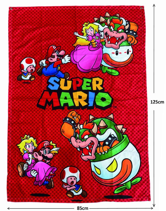 Rotes Super Mario Banner mit Mario, Peach, Bowser und Toads auf rotem Polka-Dot-Hintergrund, mit 'Super Mario' Text.