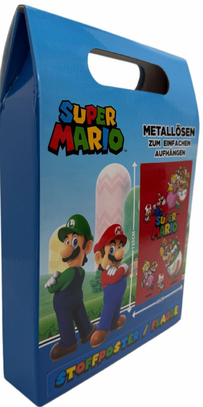 Eine blaue Box mit dem Super Mario-Logo, Luigi und Mario-Figuren. Die Box ist für ein Stoffposter.
