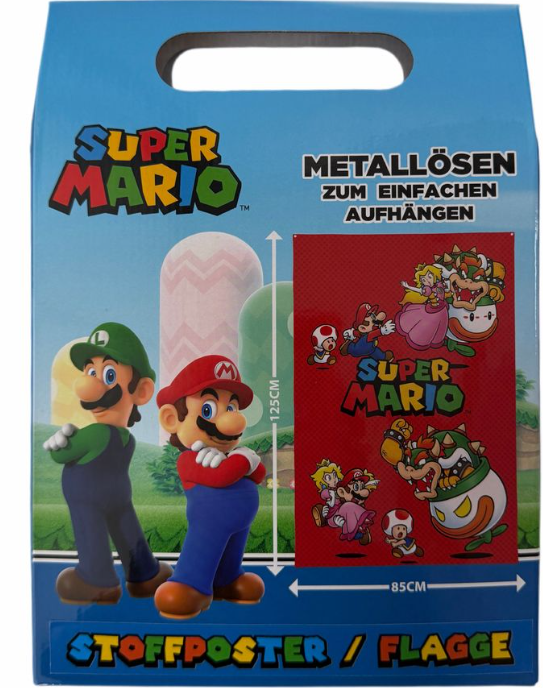 Box-Art für eine Super Mario Flagge. Enthält Mario, Luigi, Bowser, Prinzessin Peach und Toad. Text auf Deutsch. Maße 125x85cm.