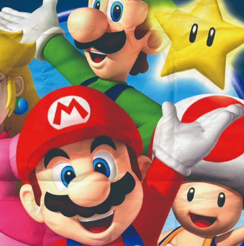 Mario, Luigi, Toad und ein Stern aus der Super Mario-Reihe sind zu sehen, lächeln und winken, mit blauem Hintergrund.