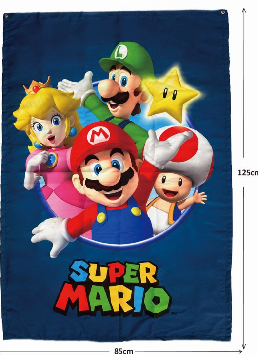 Poster mit Mario-Charakteren: Mario, Luigi, Peach, Toad und ein Stern auf dunkelblauem Hintergrund. Darunter steht 'Super Mario'.