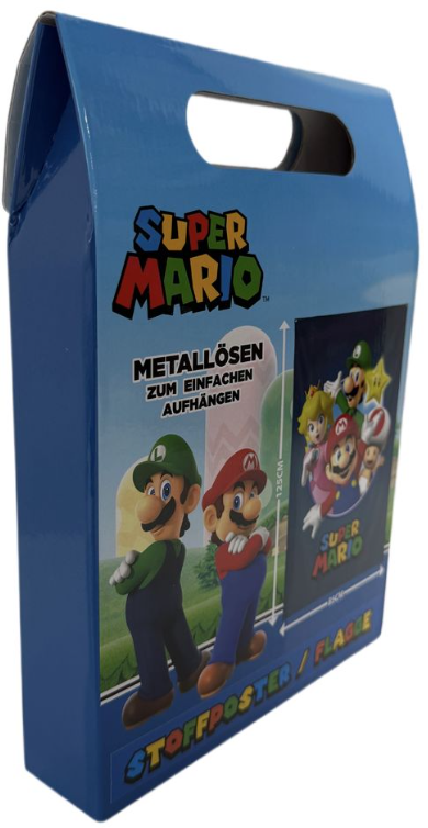 Blaue Super Mario Box mit Poster. Mit Mario und Luigi und anderen Figuren, Text auf Deutsch.