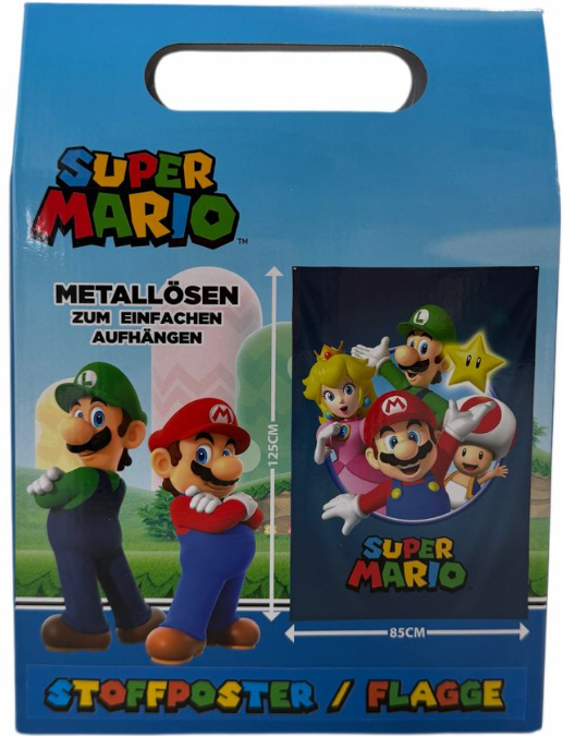 Ein Super Mario Stoffposter in einer blauen Box. Es zeigt Mario, Luigi, Peach und Toad. Text enthält Maße und deutsche Anweisungen.