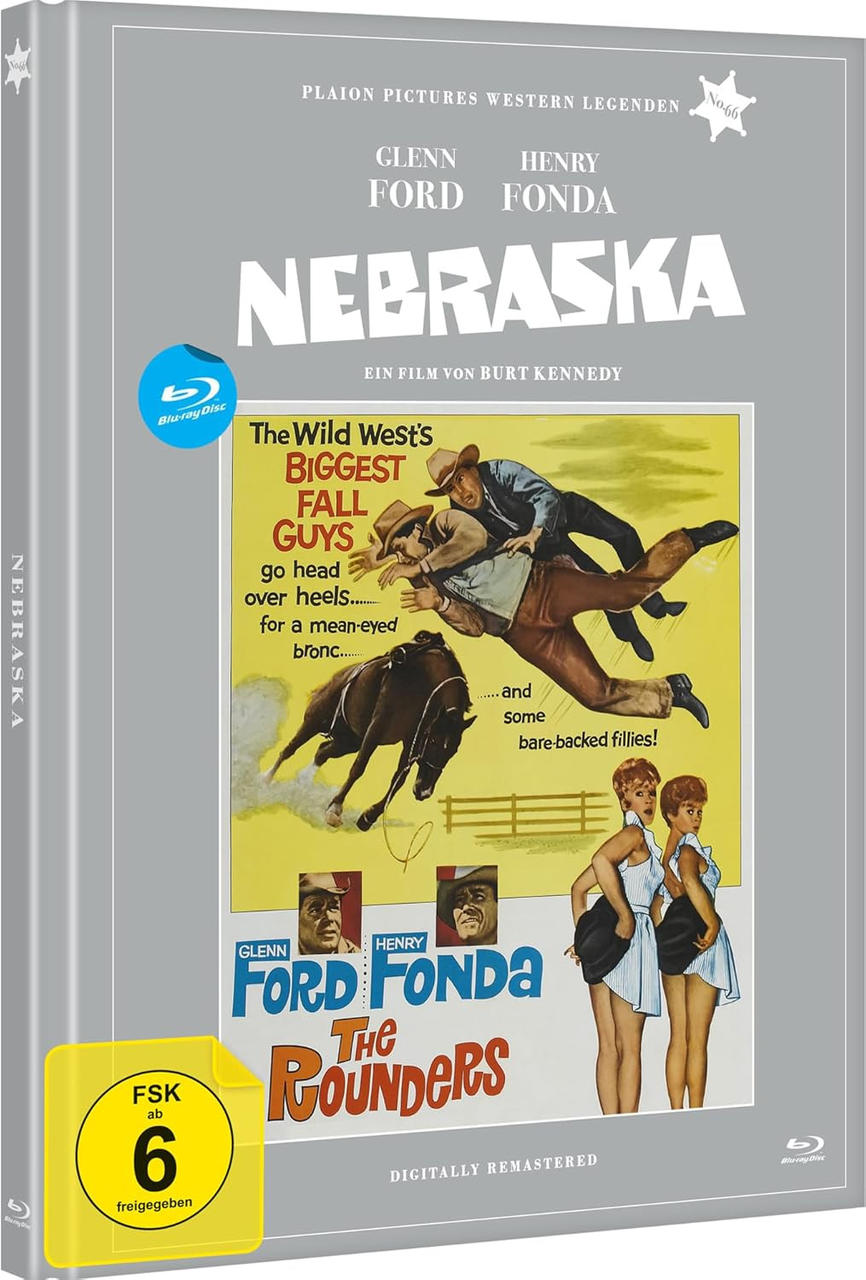 Blu-ray-Cover für 'Nebraska'. Mit den Schauspielern Glenn Ford und Henry Fonda. Ein Western-Filmplakat mit Cowboys und Frauen.