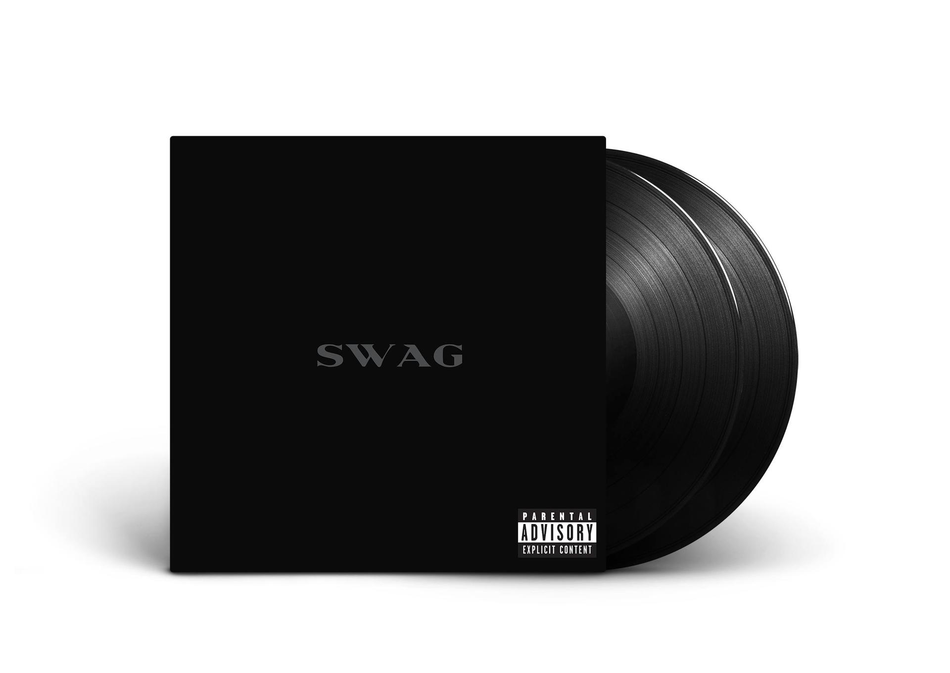 Ein schwarzes Vinyl-Schallplattenalbum mit dem Wort 'SWAG' und einem Aufkleber für die Eltern. Der Hintergrund ist weiß.