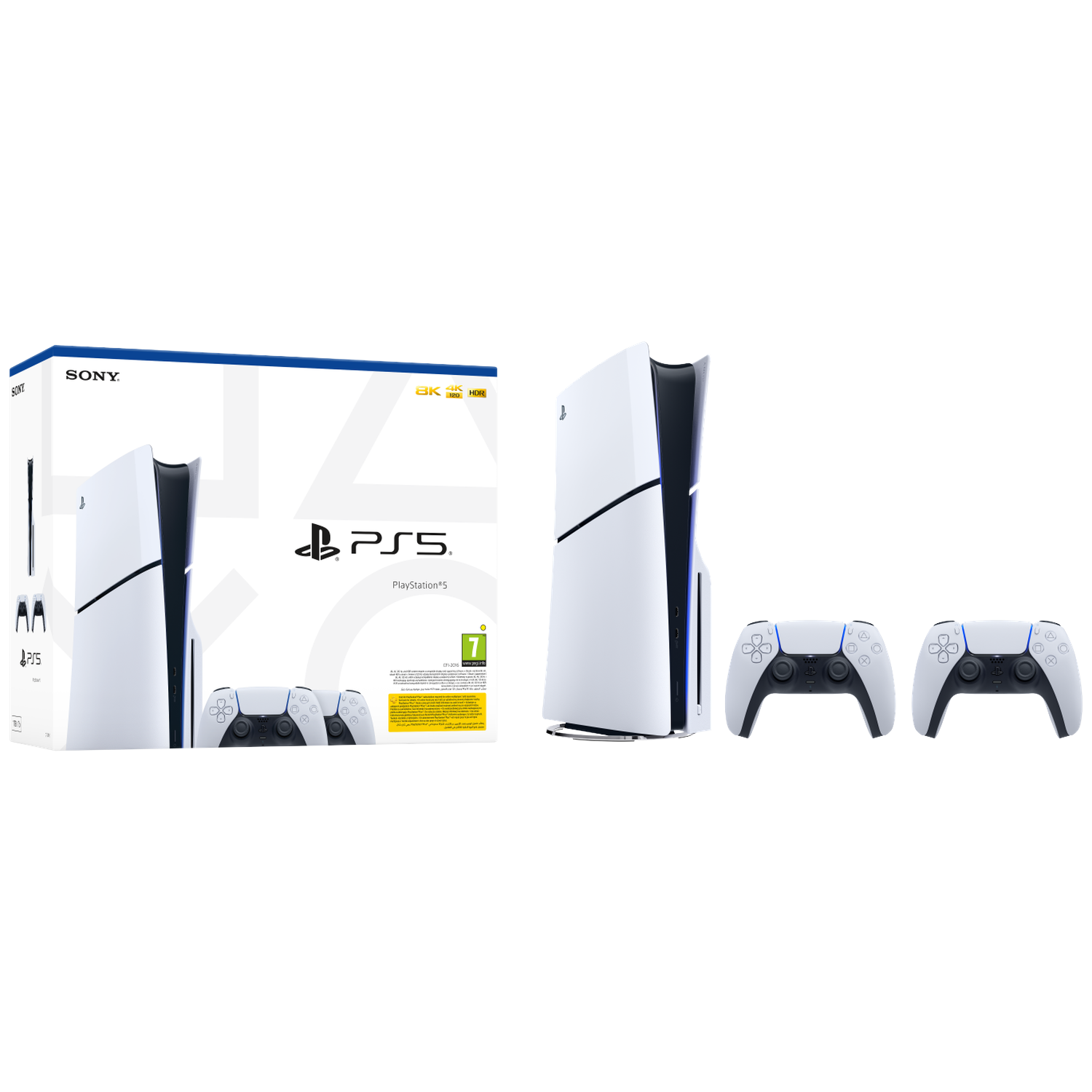 Afbeelding toont een PlayStation 5 console, controllers en verpakking. De console is wit en zwart. Controllers zijn wit. Doos heeft PS5 logo.