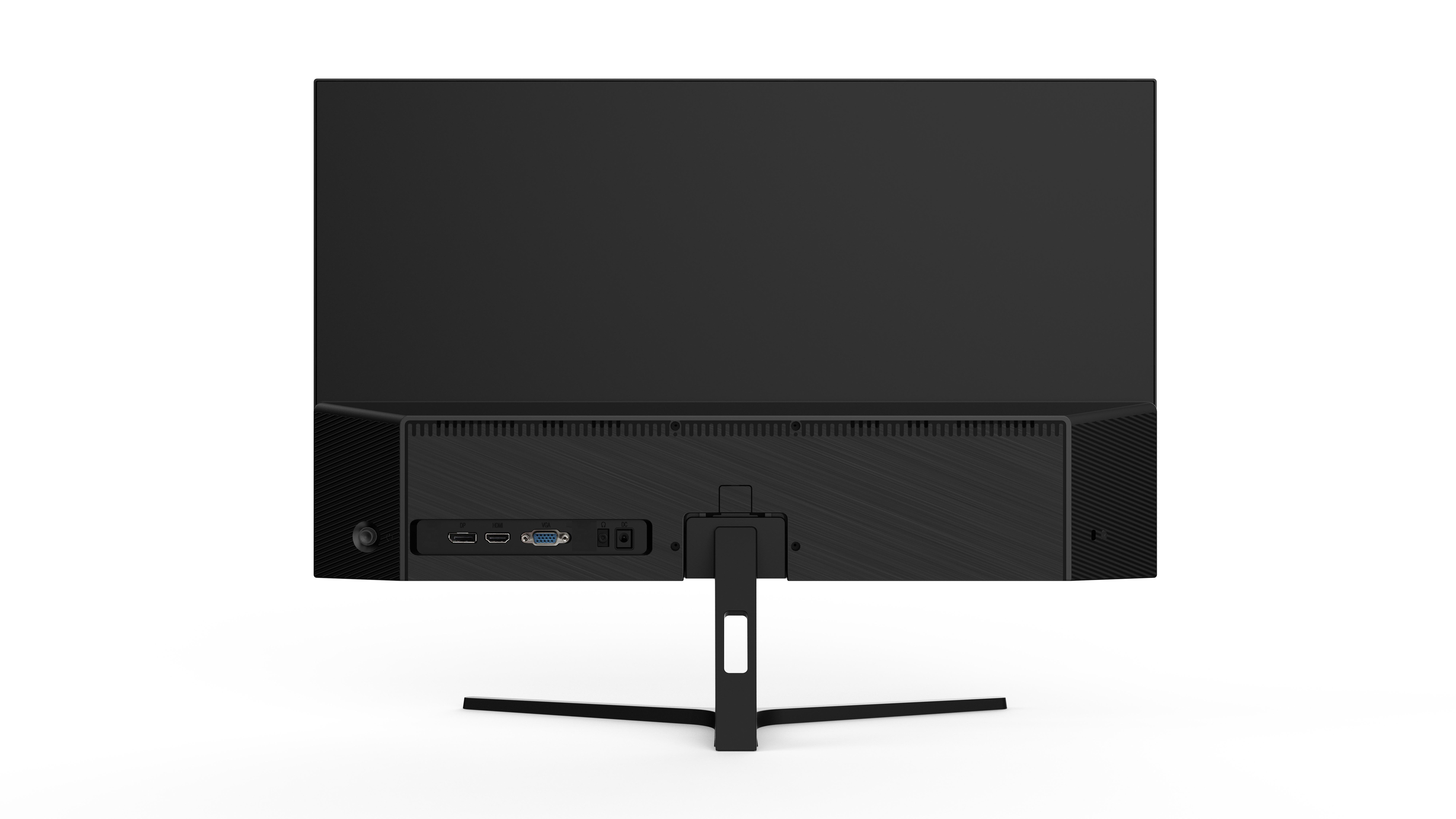 Die Rückseite eines schwarzen Computermonitors. Er hat Anschlüsse für verschiedene Verbindungen und einen Ständer. Der Hintergrund ist weiß.