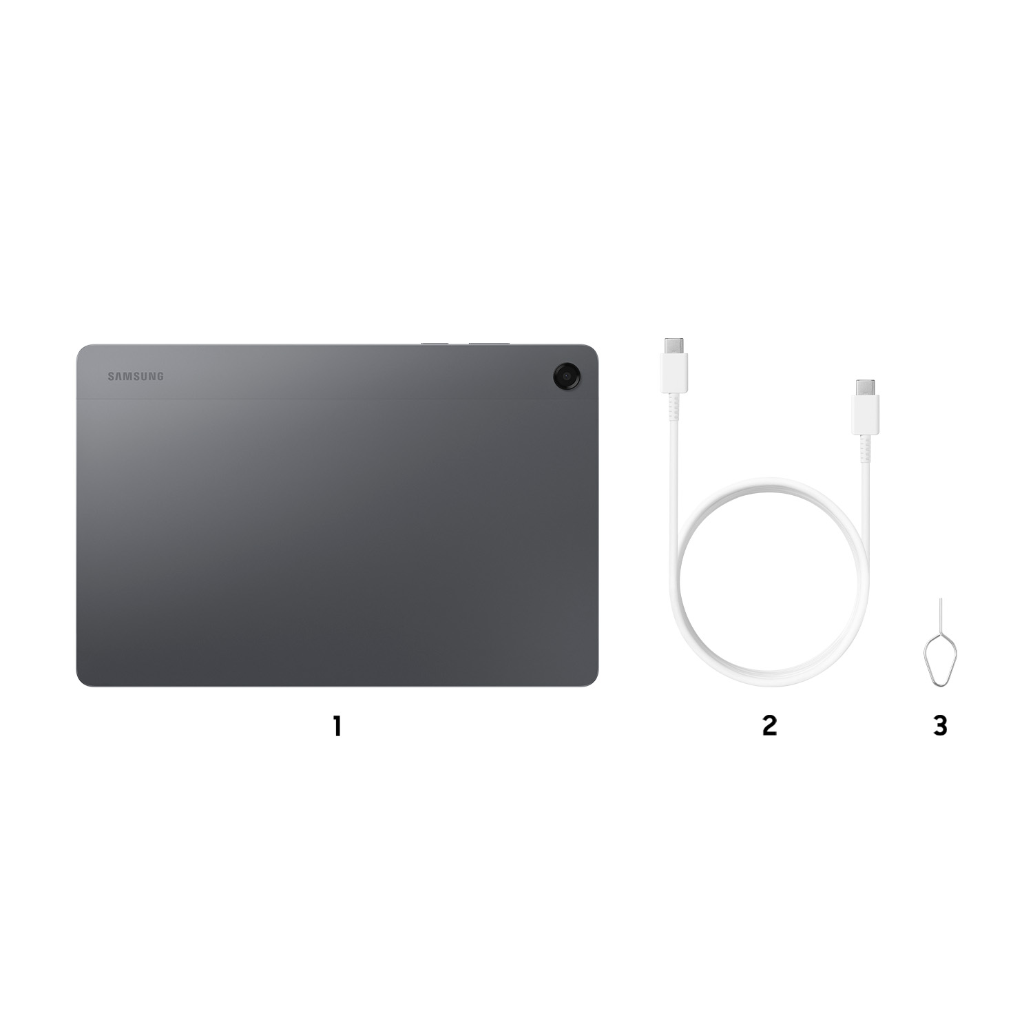 Una tableta gris, un cable USB-C blanco y una herramienta para tarjeta SIM sobre un fondo blanco. La tableta está etiquetada Samsung.