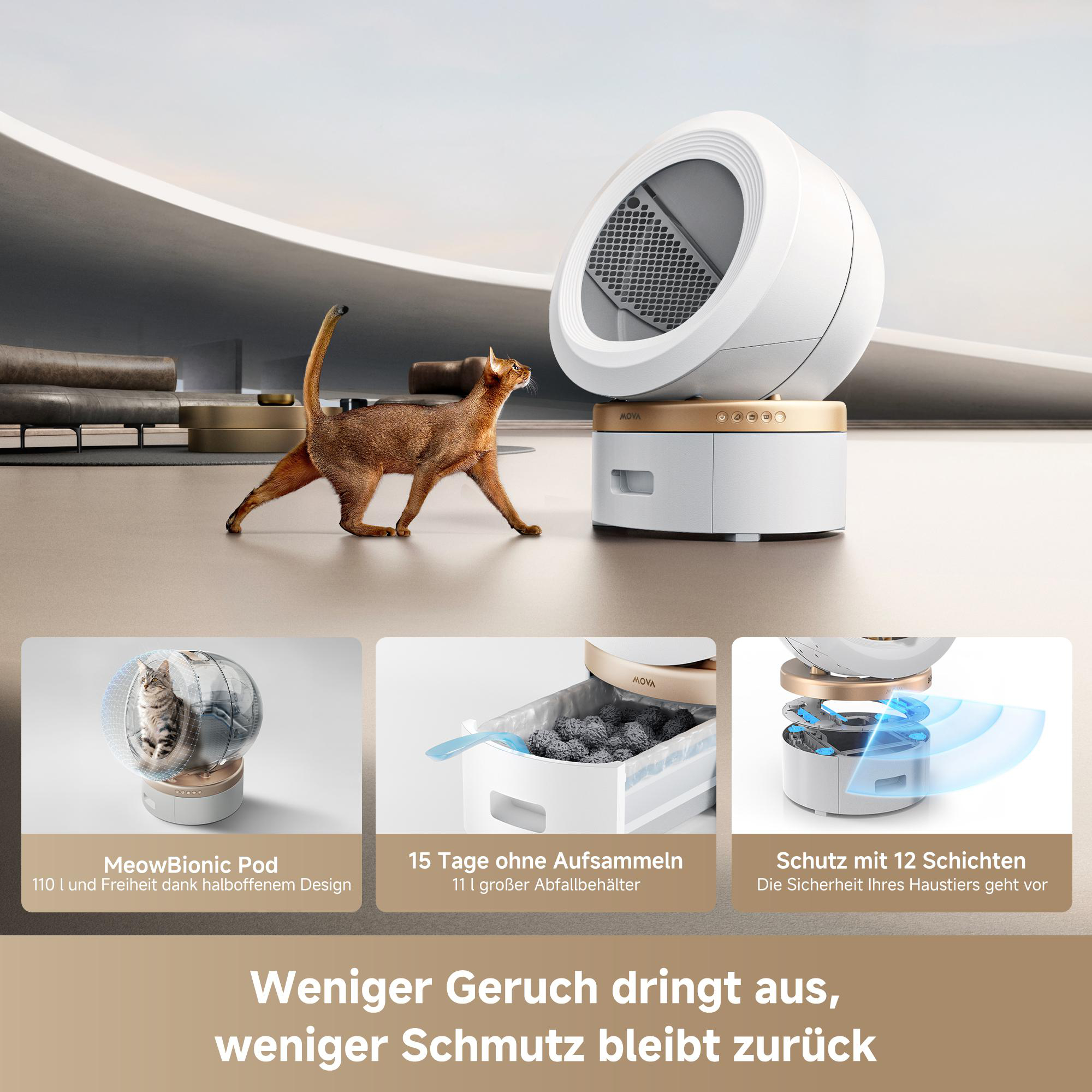 Eine braune Katze geht an einer weißen Katzentoilette vorbei. Text beschreibt Produktmerkmale.