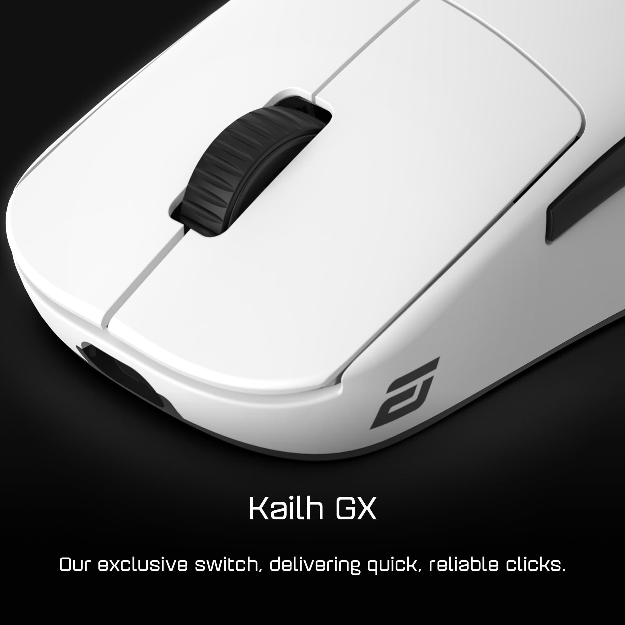 Eine weiße Computermaus mit schwarzem Scrollrad und schwarzem Logo auf schwarzem Hintergrund. Text sagt Kailh GX.