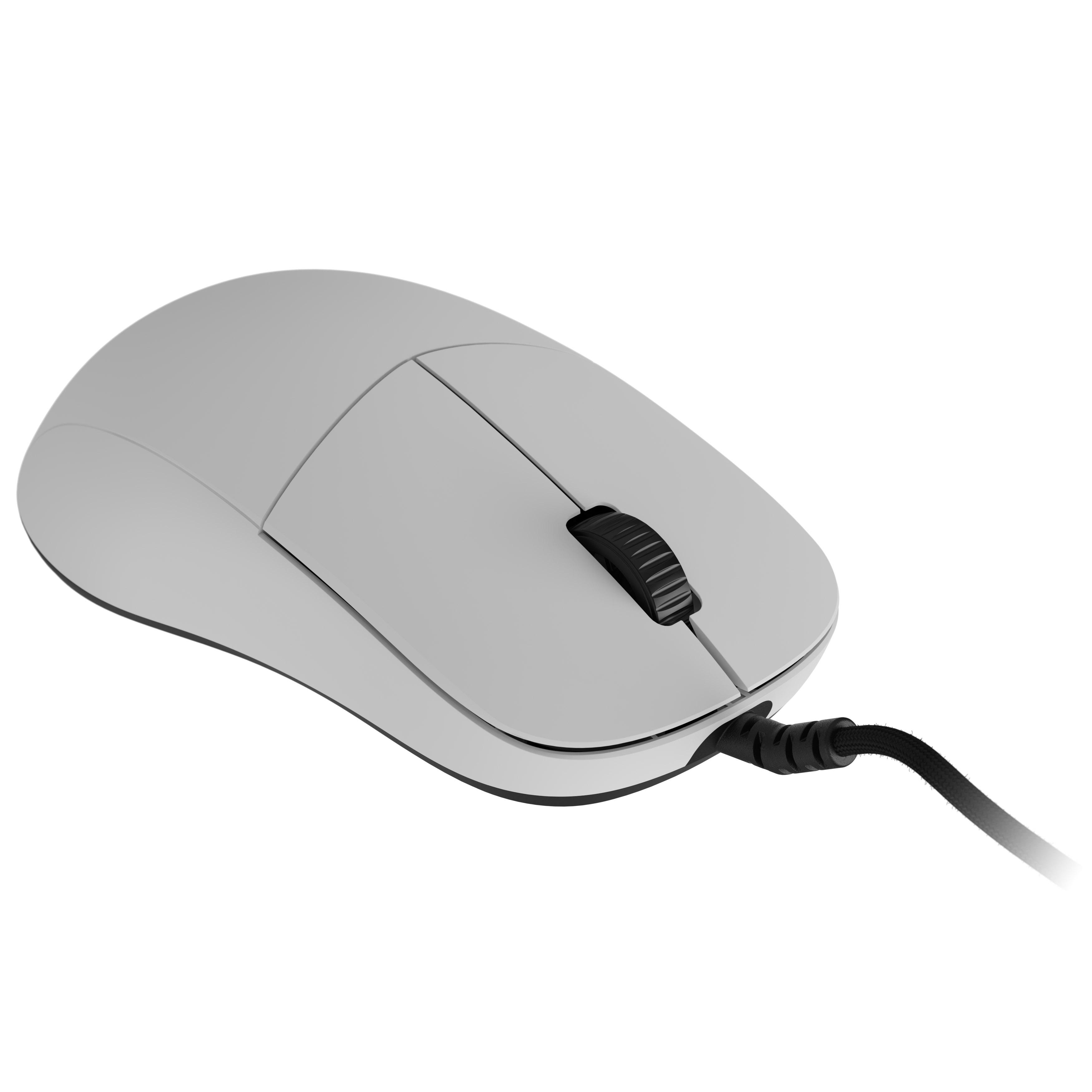 Eine hellgraue Computermaus mit einem schwarzen Scrollrad und einem schwarzen Kabel, das sich nach rechts erstreckt.