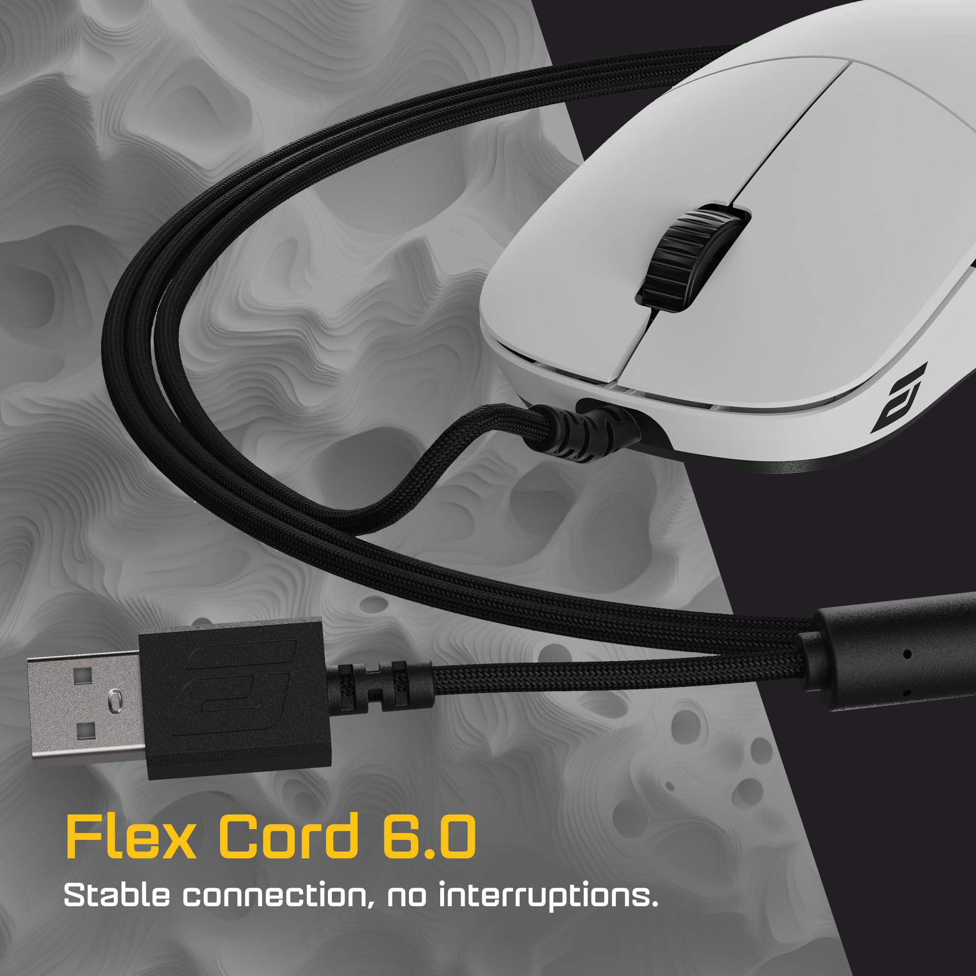 Weiße Maus mit schwarzem Kabel und USB-Anschluss auf grauem Hintergrund. Flex Cord 6.0 ist darunter geschrieben.
