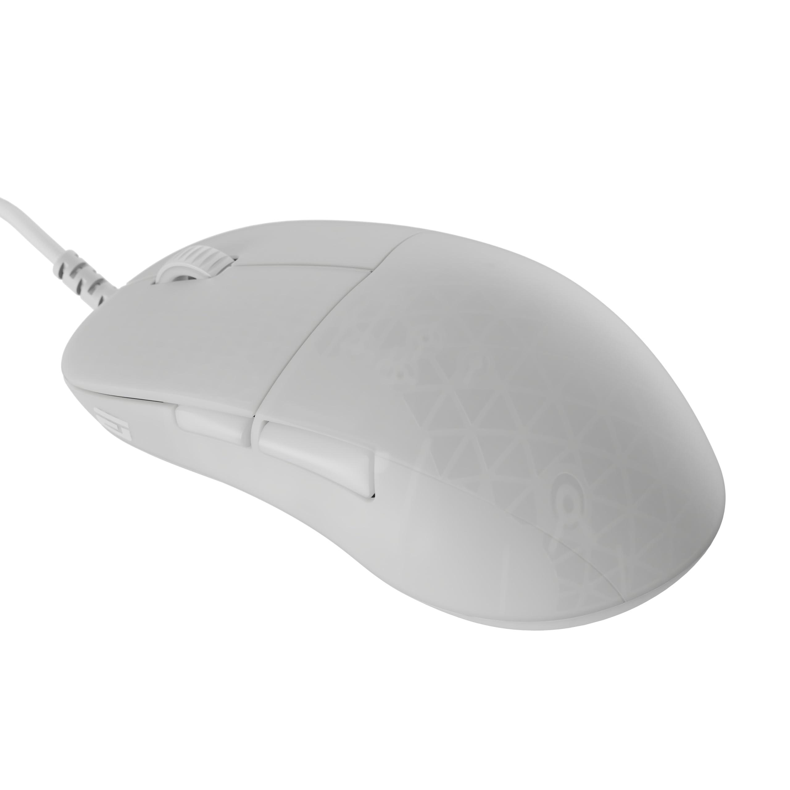 Eine weiße Computermaus mit angeschlossenem Kabel ist auf weißem Hintergrund zu sehen. Die Maus hat ein Scrollrad.