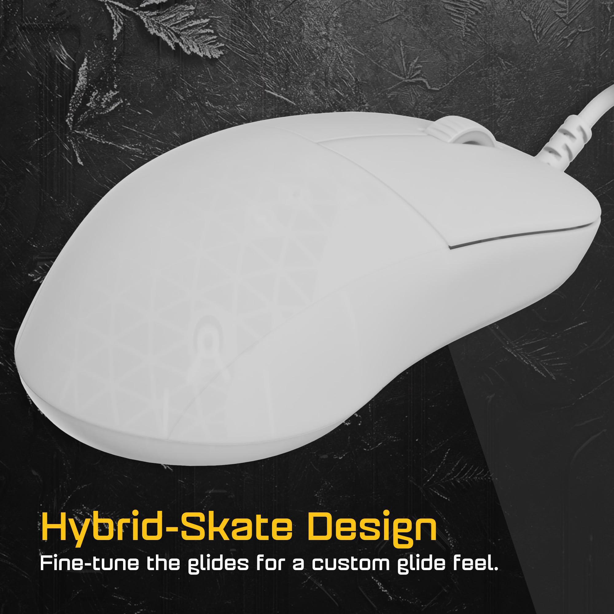 Weiße Computermaus auf strukturierter schwarzer Oberfläche. Text 'Hybrid-Skate Design' am unteren Bildrand.