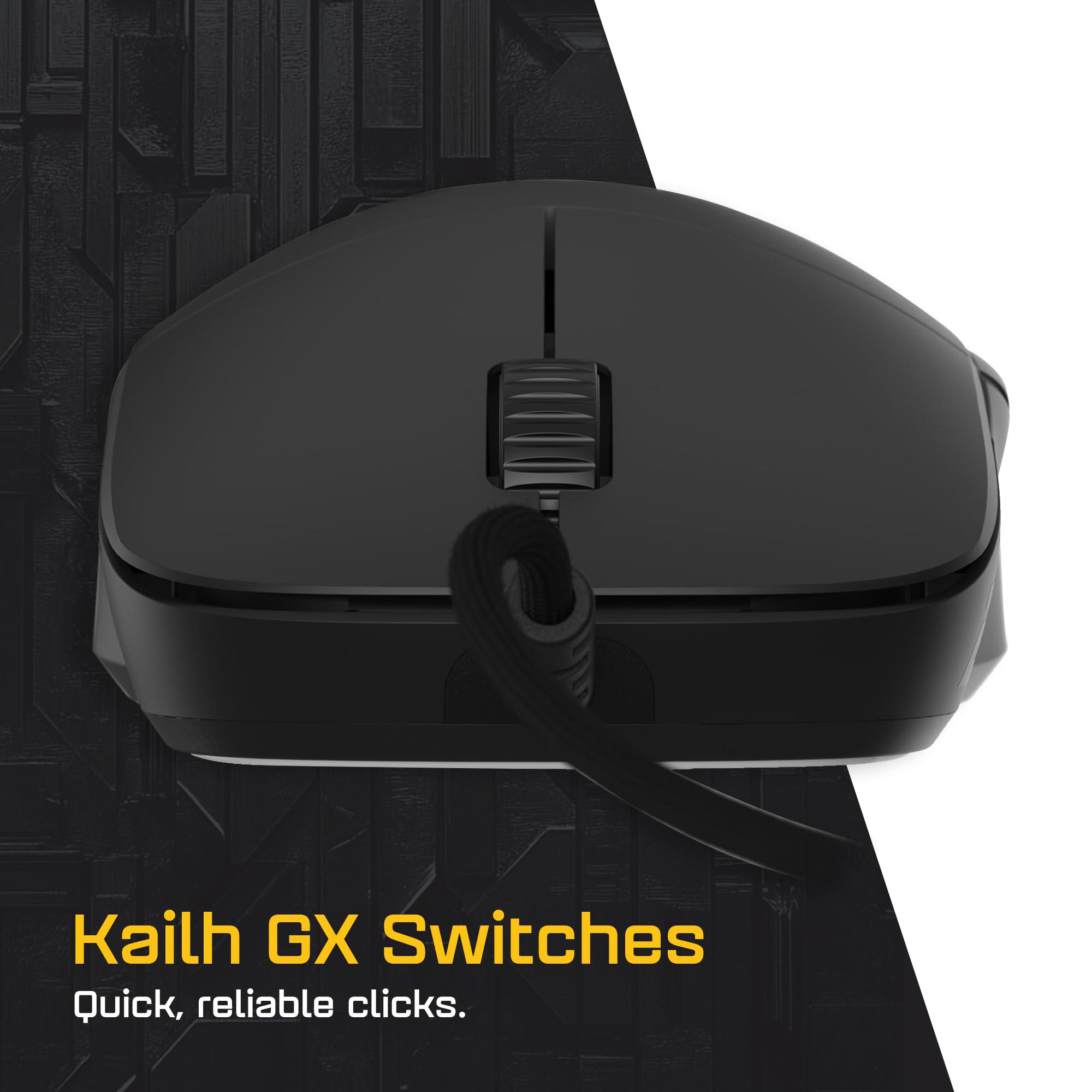 Schwarze Computermaus mit Kabel, der Hintergrund ist dunkel mit dem Text Kailh GX Switches.