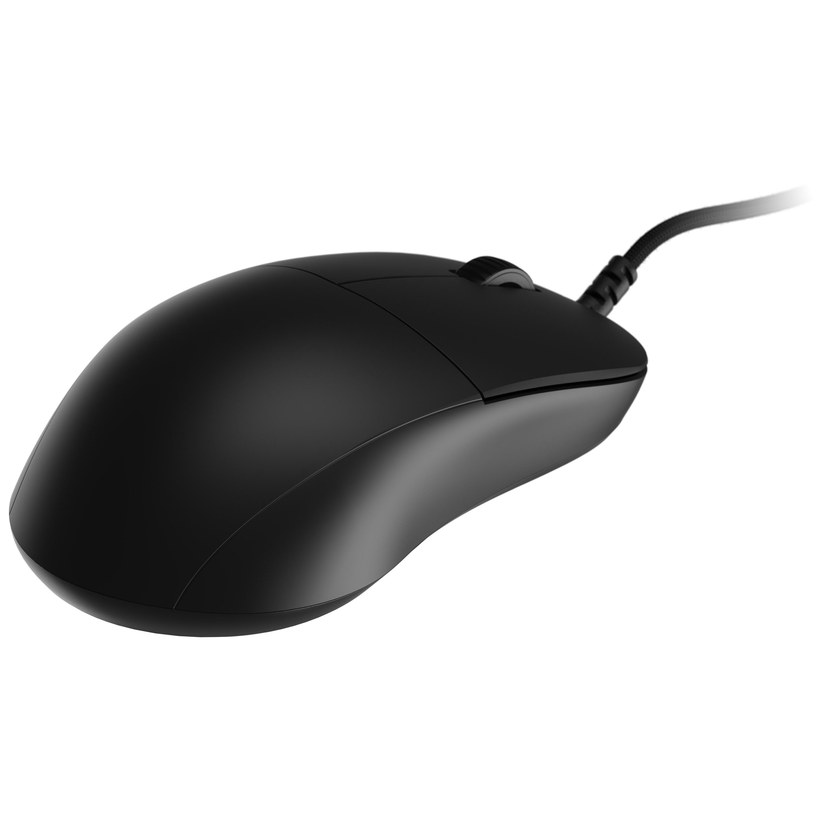 Eine schwarze Computermaus vor weißem Hintergrund. Mit Scrollrad und Kabel.