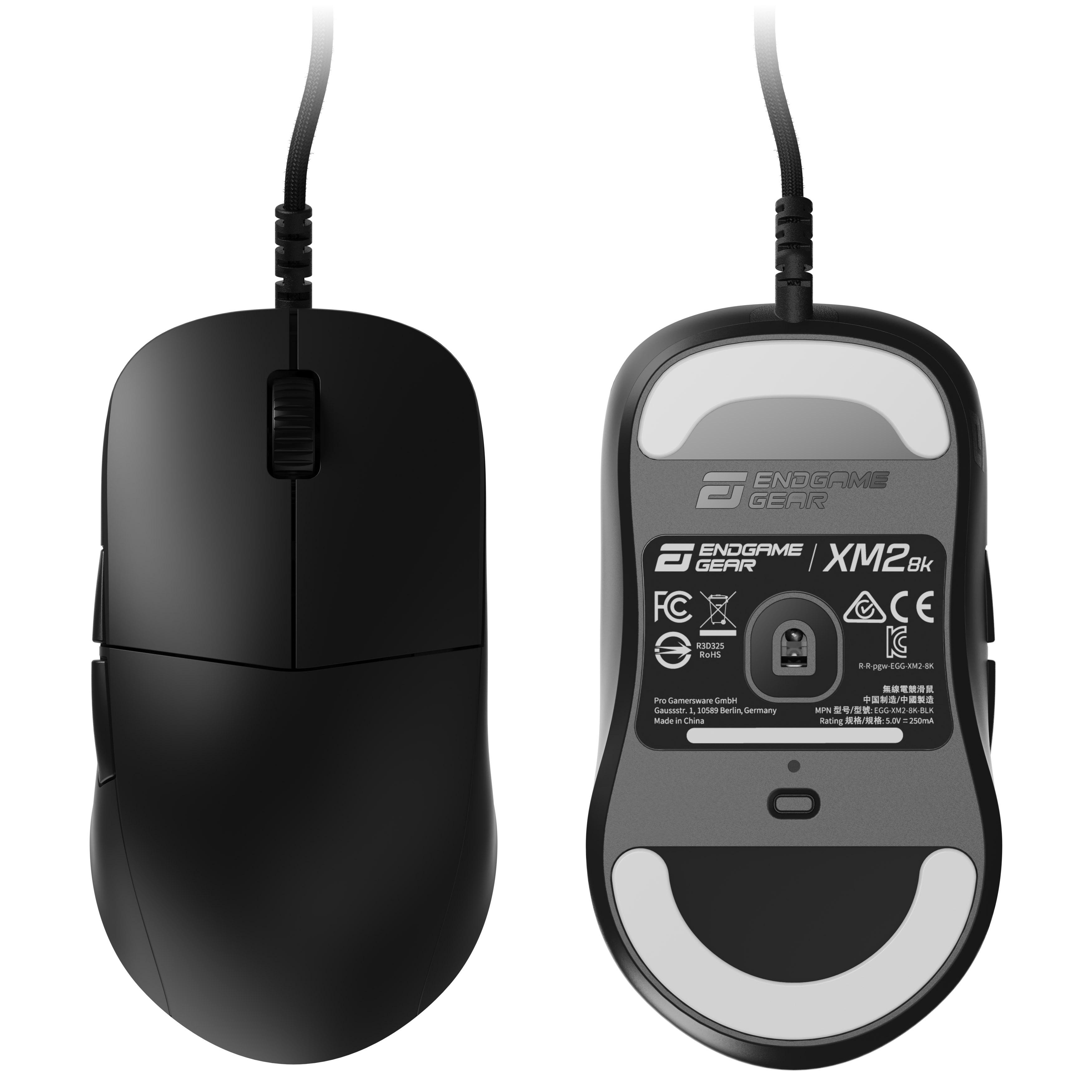 Schwarze Endgame Gear XM2K Gaming-Maus. Mit Scrollrad, zwei Tasten und Produktinformationen auf der Unterseite.