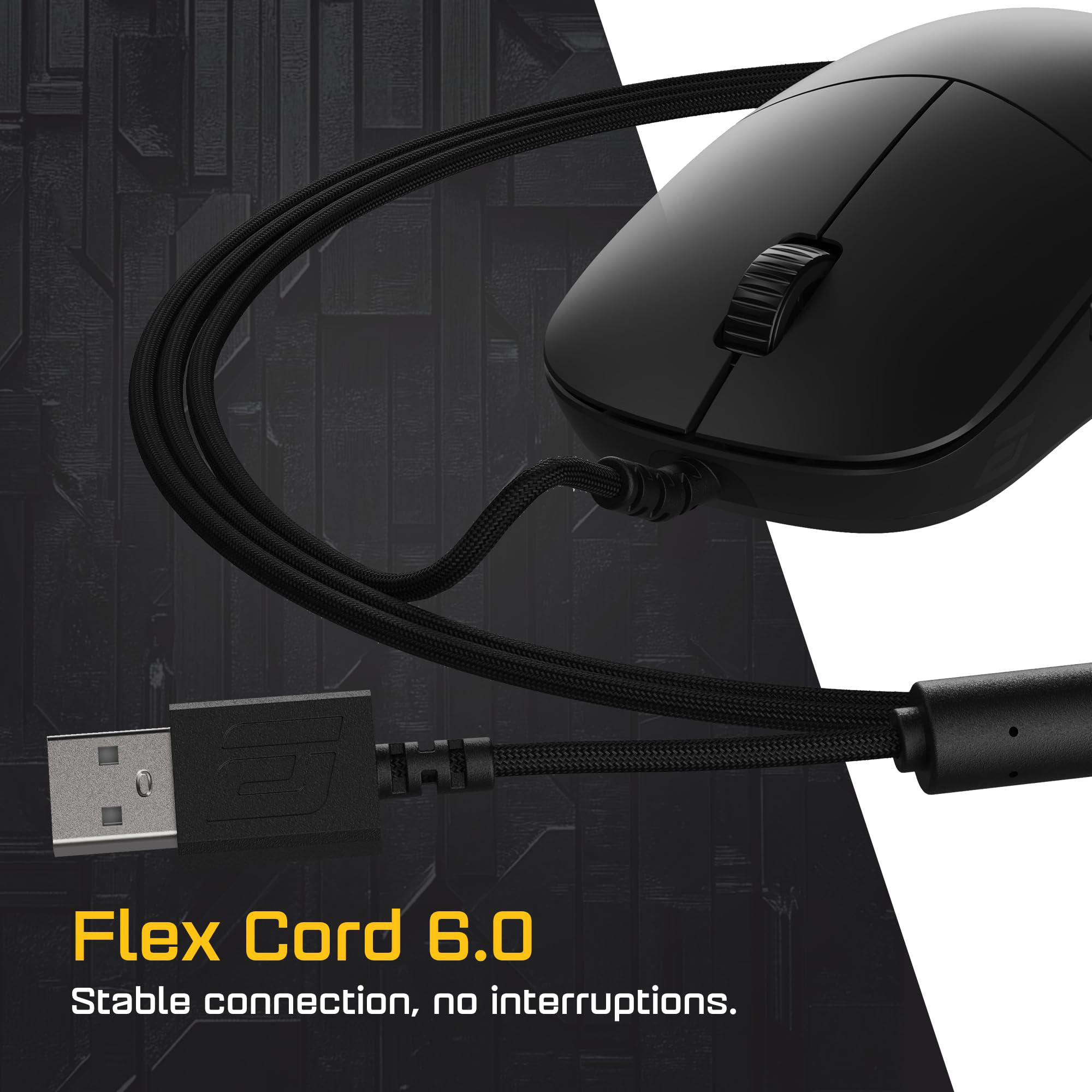 Schwarze Gaming-Maus mit geflochtenem Kabel und USB-Anschluss. Text: 'Flex Cord 6.0'.