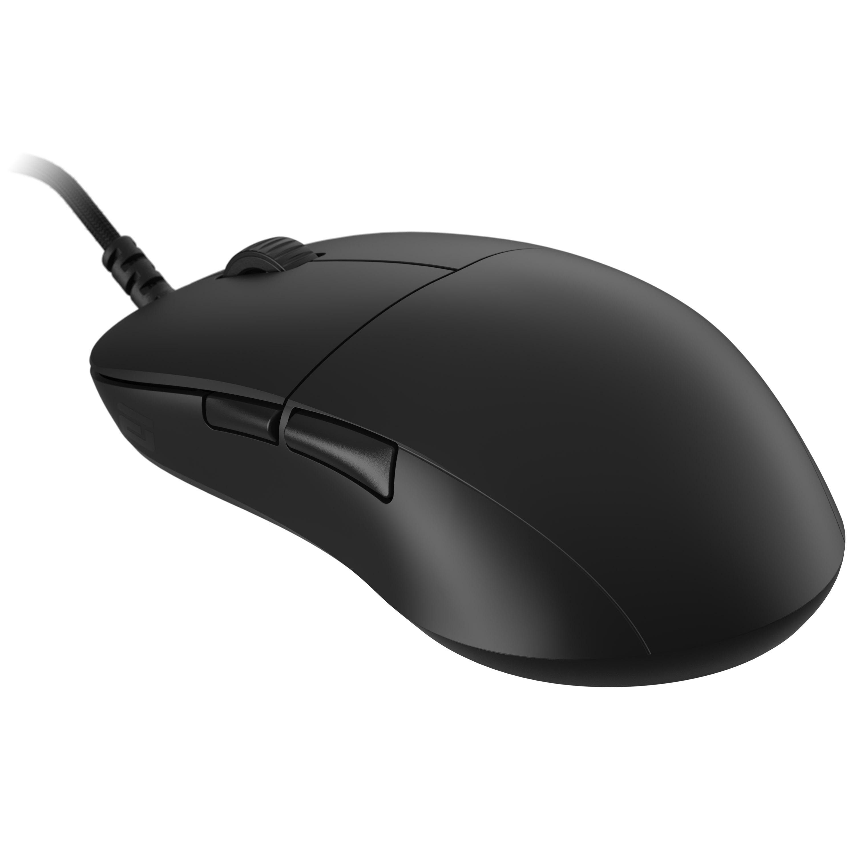 Eine schwarze Computermaus mit angeschlossenem Kabel. Die Maus hat ein Scrollrad und zwei Tasten.