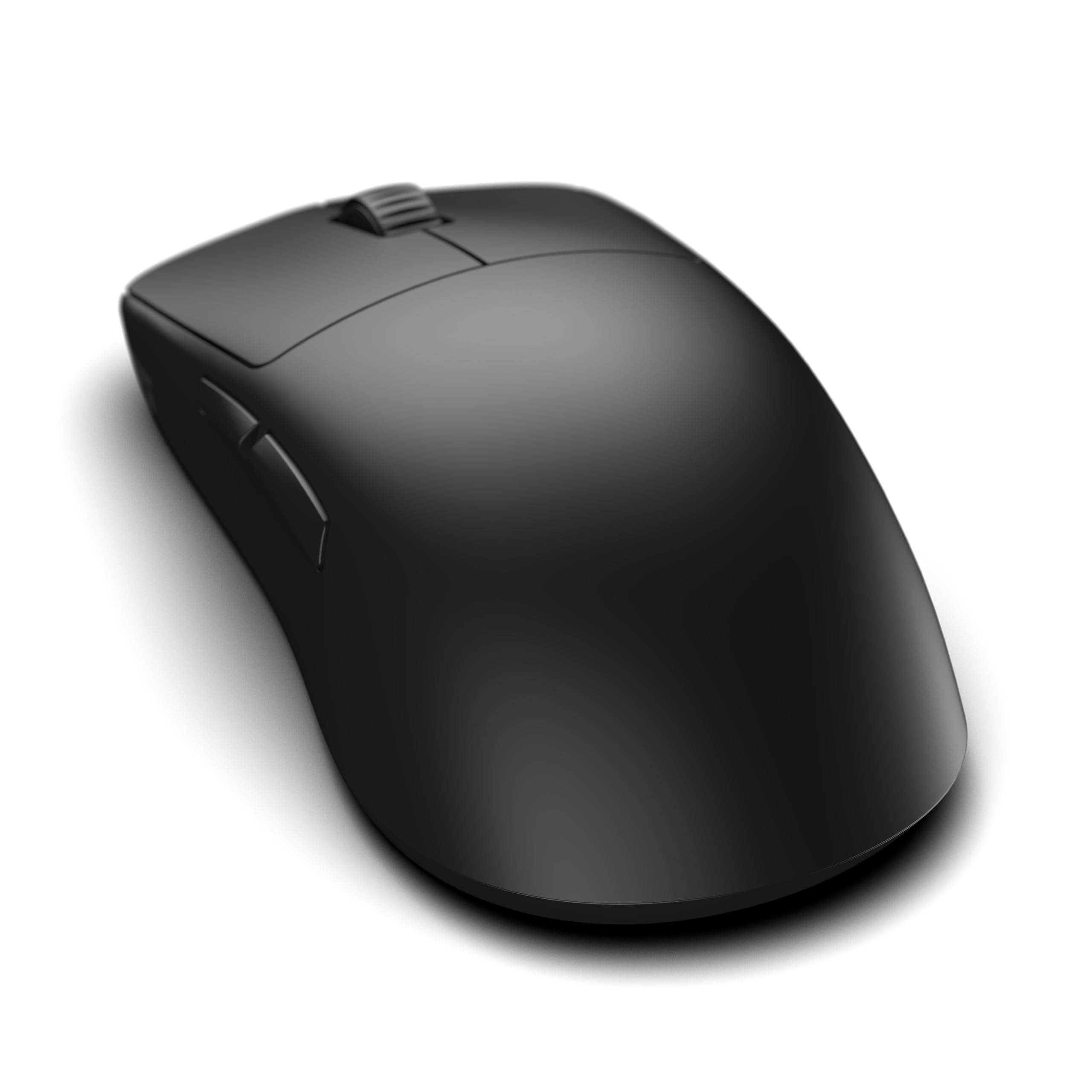 Eine schwarze Computermaus auf weißem Untergrund. Sie hat ein Scrollrad und Tasten. Die Maus wirft einen Schatten.