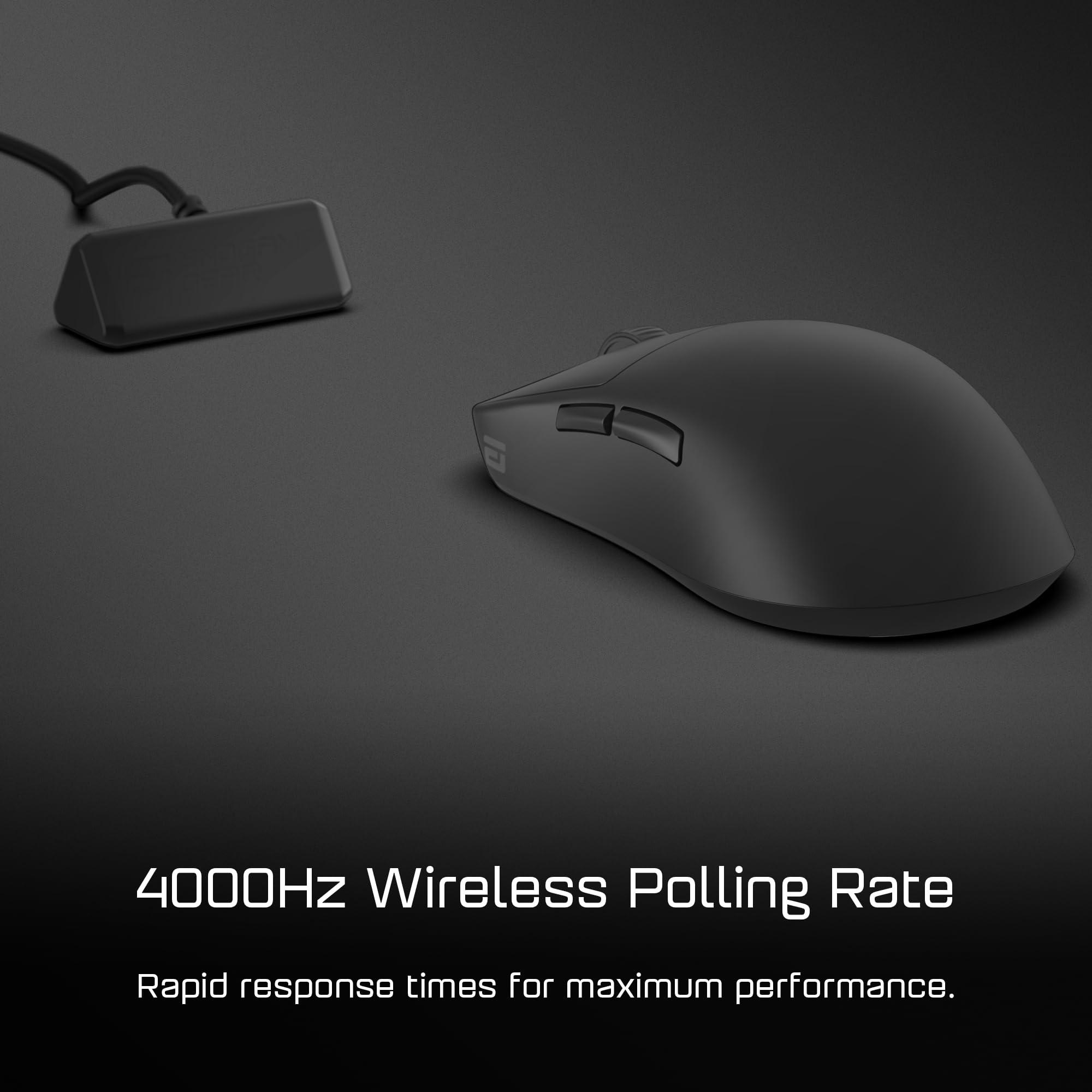 Schwarze drahtlose Maus mit Empfänger. Zu den Merkmalen gehören Tasten und Text: 4000Hz Wireless Polling Rate.