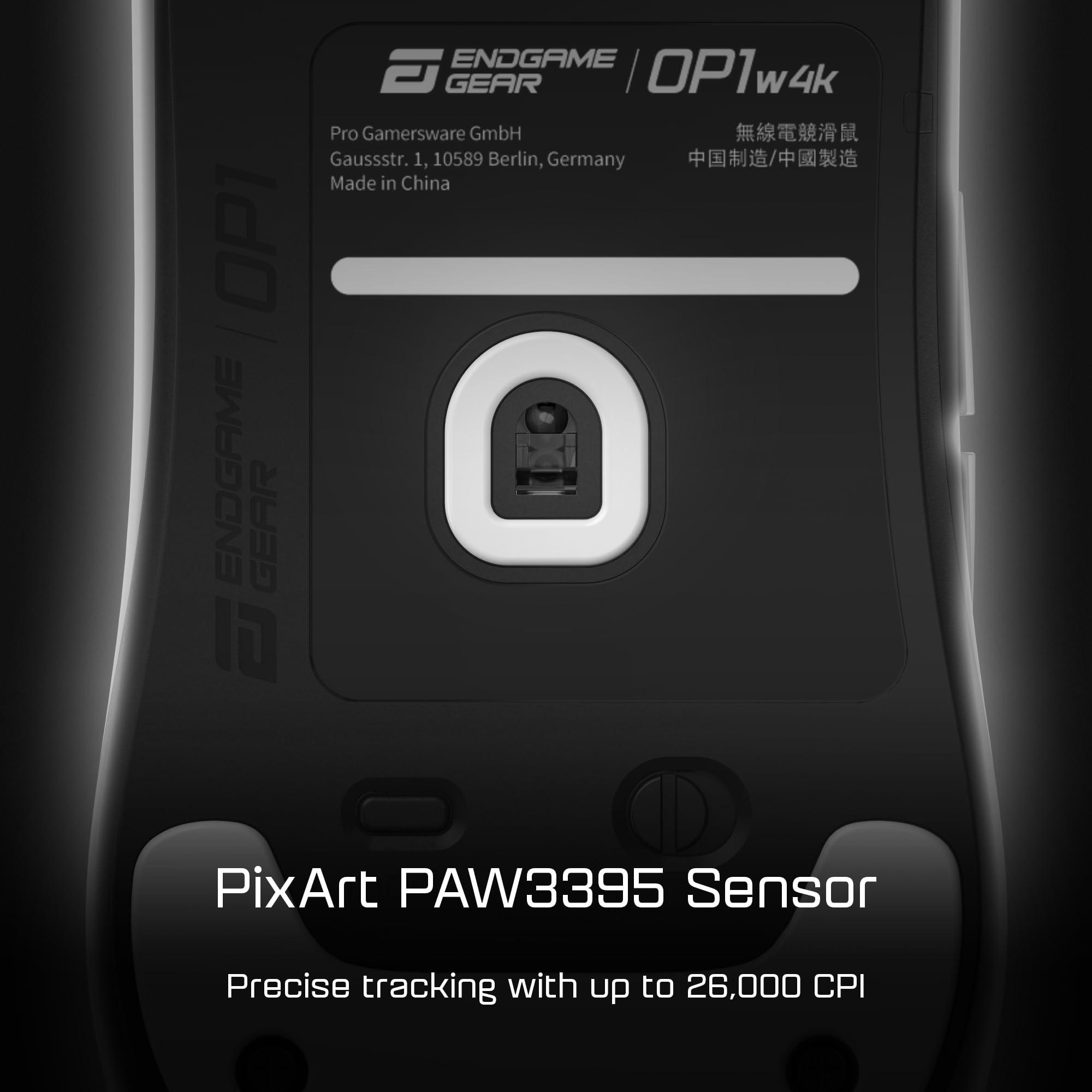 Schwarze Gaming-Maus mit weißen Akzenten. Text: Endgame Gear, PixArt PAW3395 Sensor.